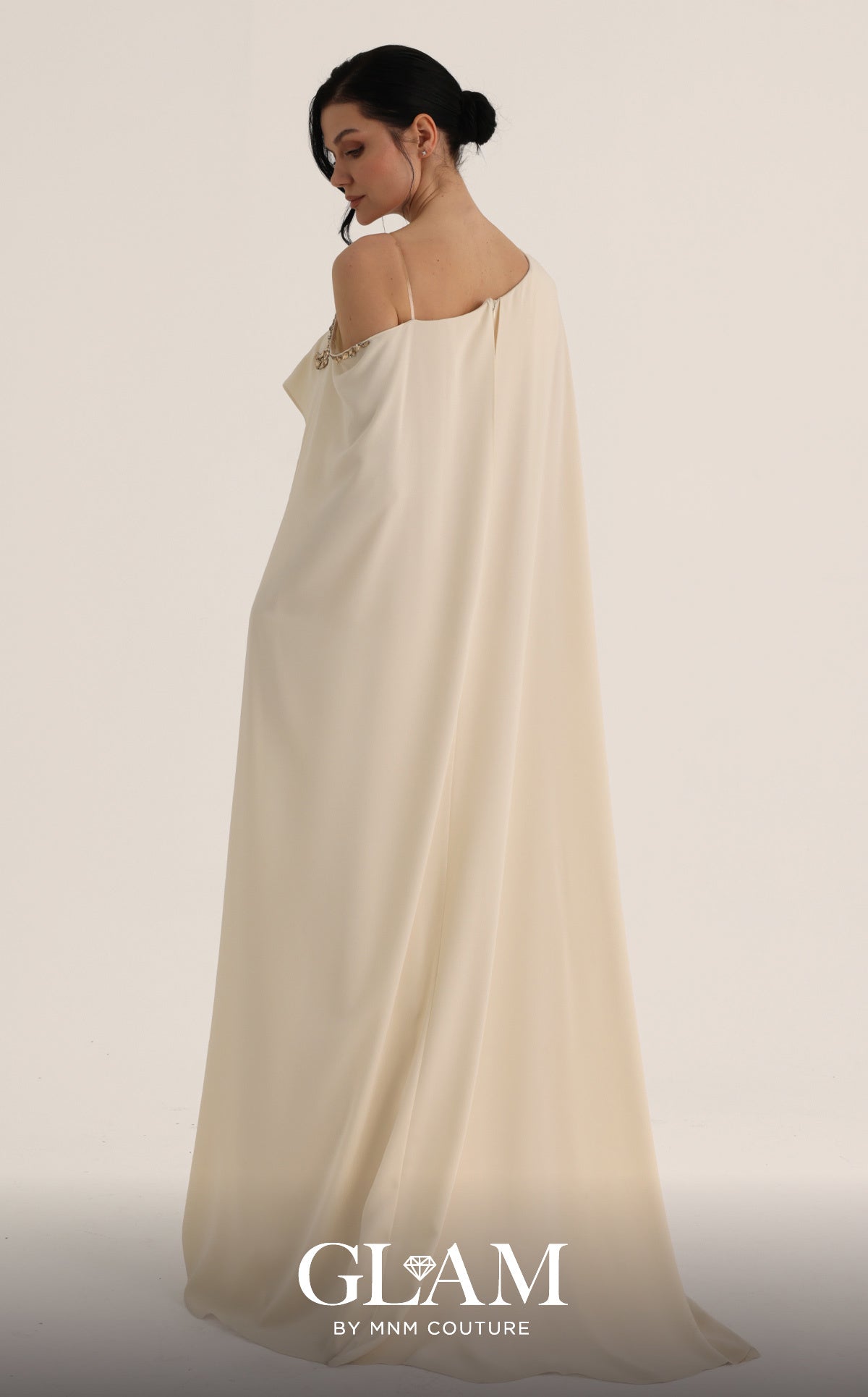 MNM Couture O07824 Beige Embellished One-Shoulder Cape Gown