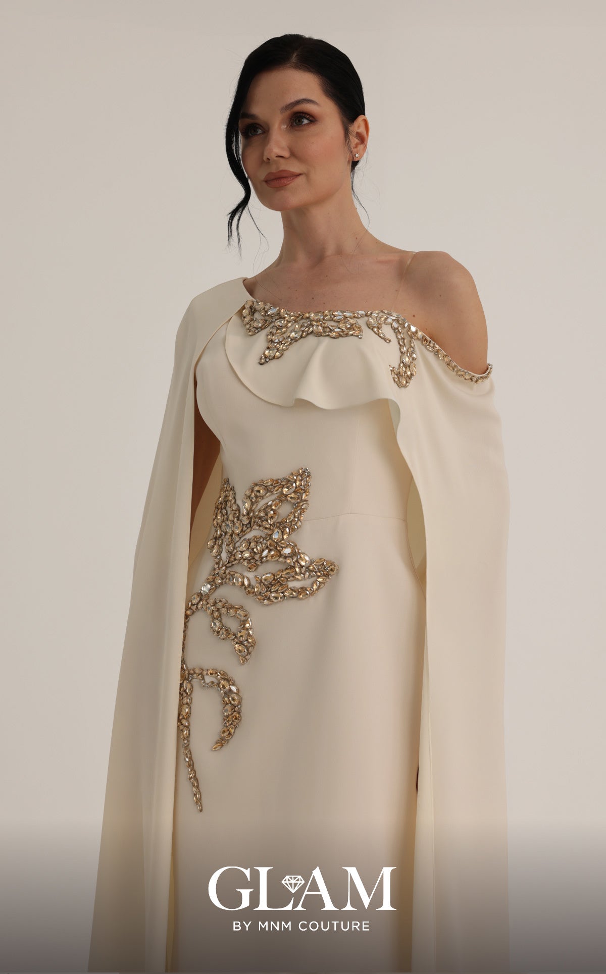 MNM Couture O07824 Beige Embellished One-Shoulder Cape Gown