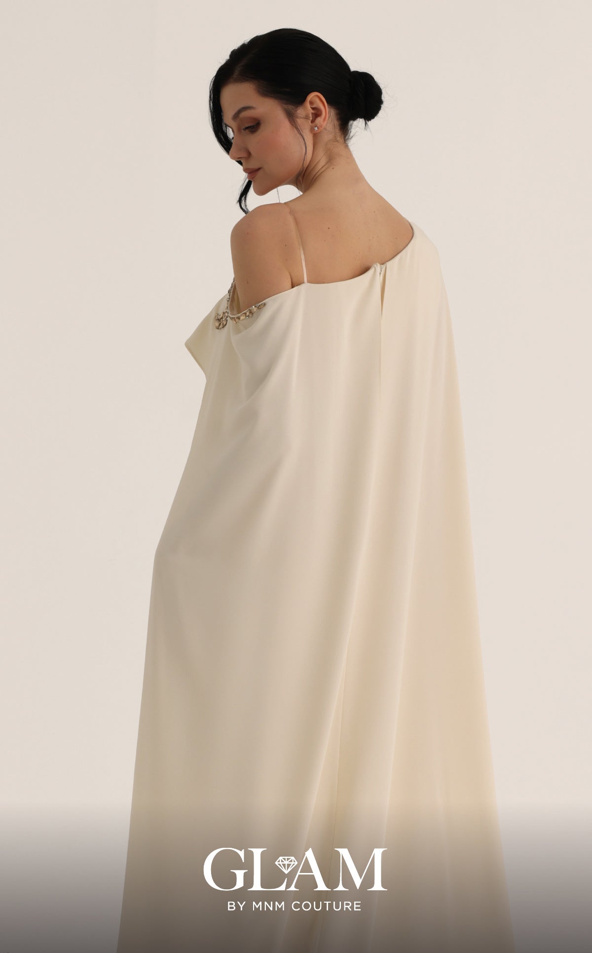MNM Couture O07824 Beige Embellished One-Shoulder Cape Gown
