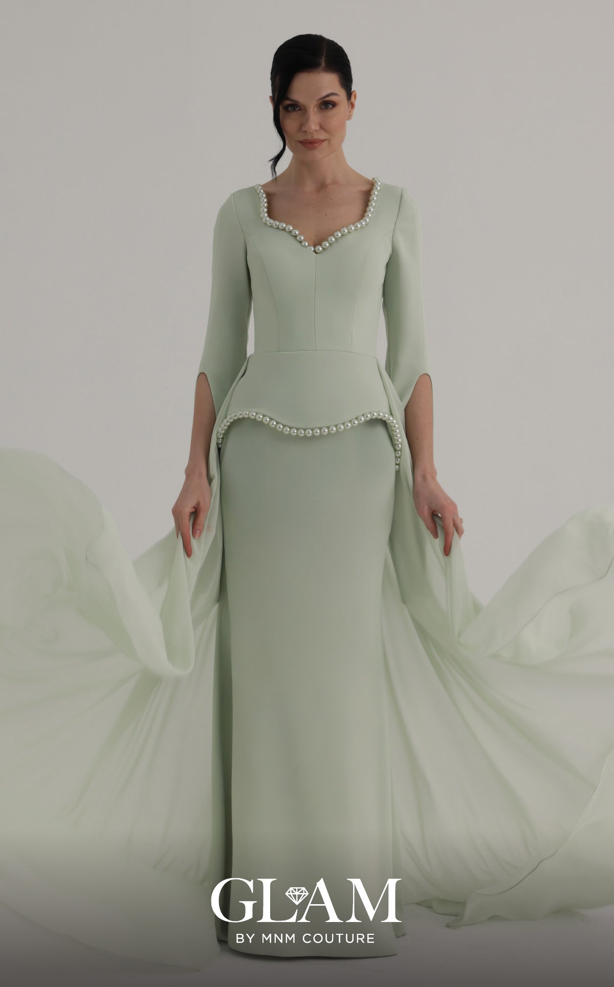 MNM Couture O07826 Green Pearl-Trimmed Column Gown with Flowing Train
