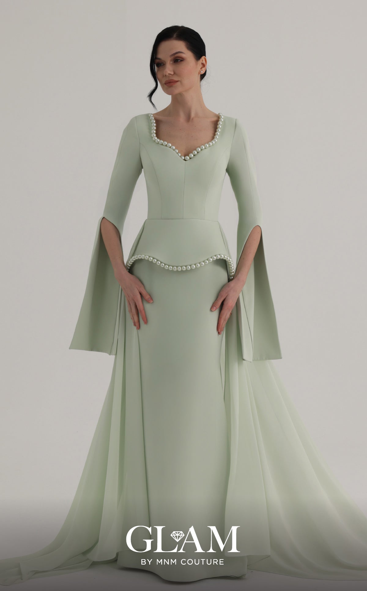 MNM Couture O07826 Green Pearl-Trimmed Column Gown with Flowing Train
