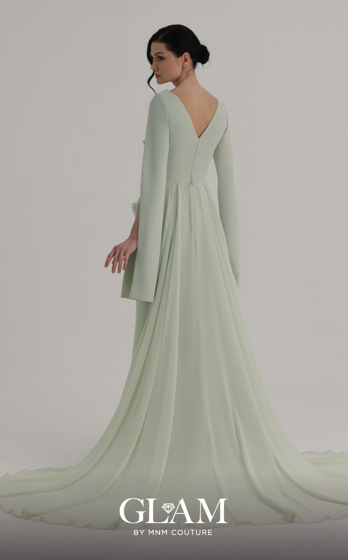 MNM Couture O07826 Green Pearl-Trimmed Column Gown with Flowing Train