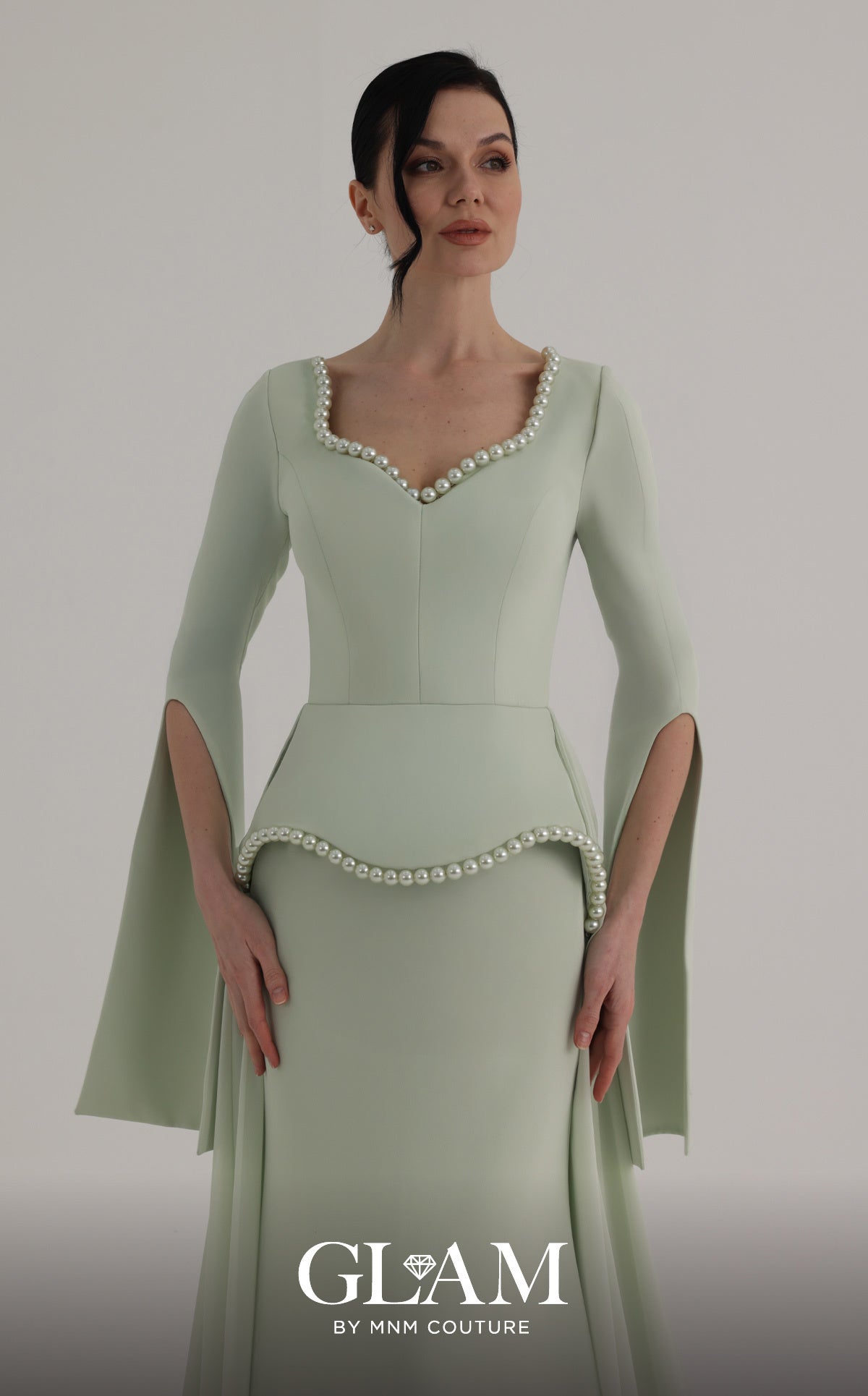 MNM Couture O07826 Green Pearl-Trimmed Column Gown with Flowing Train