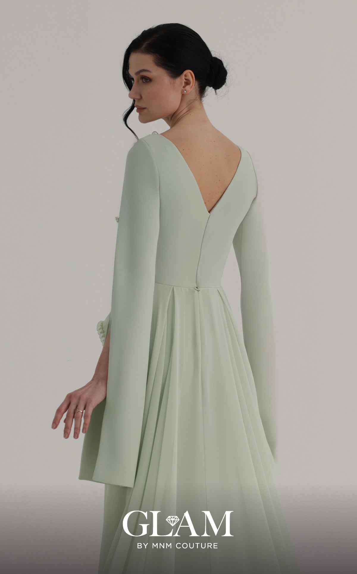 MNM Couture O07826 Green Pearl-Trimmed Column Gown with Flowing Train