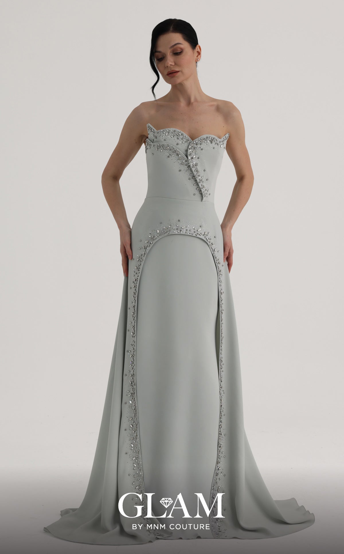 MNM Couture O07828 Green Strapless Embellished Gown with Split Over-Skirt