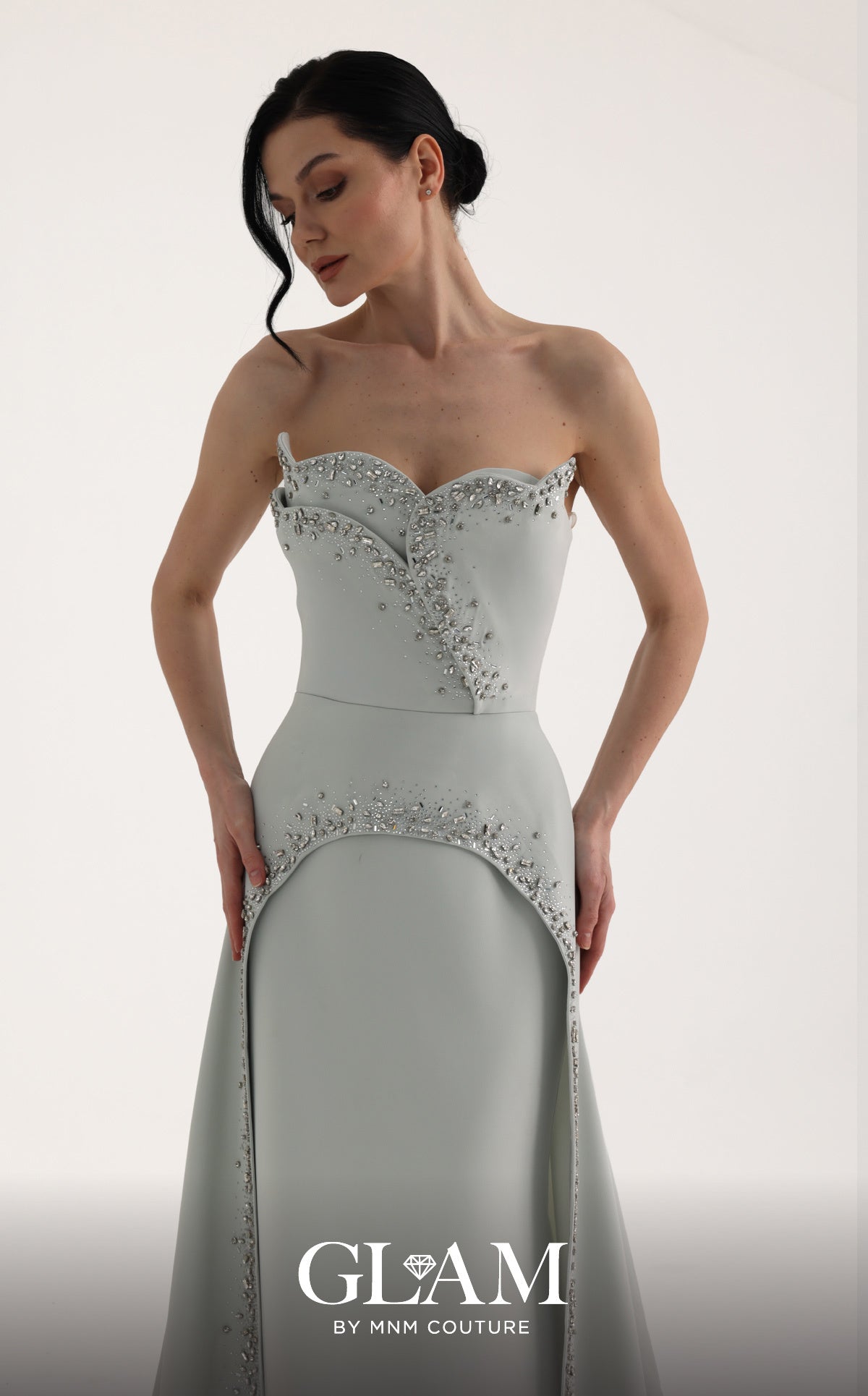 MNM Couture O07828 Green Strapless Embellished Gown with Split Over-Skirt
