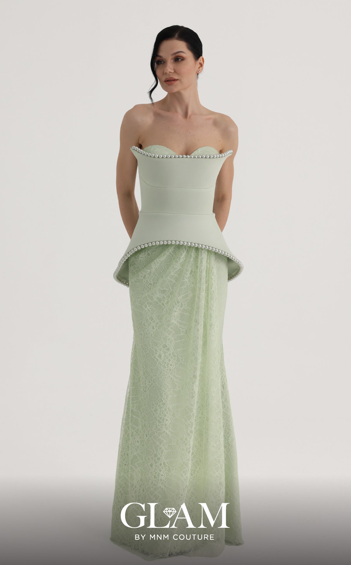MNM Couture O07829 Mint Green Strapless Peplum Gown with Pearl Accent
