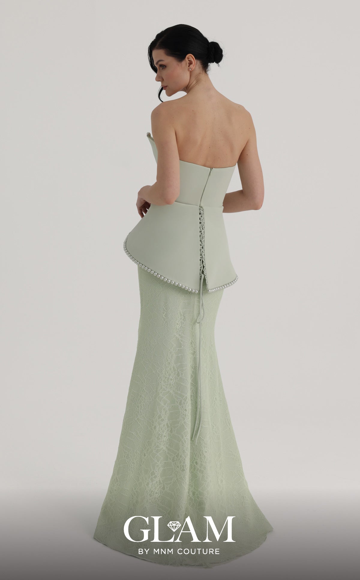 MNM Couture O07829 Mint Green Strapless Peplum Gown with Pearl Accent