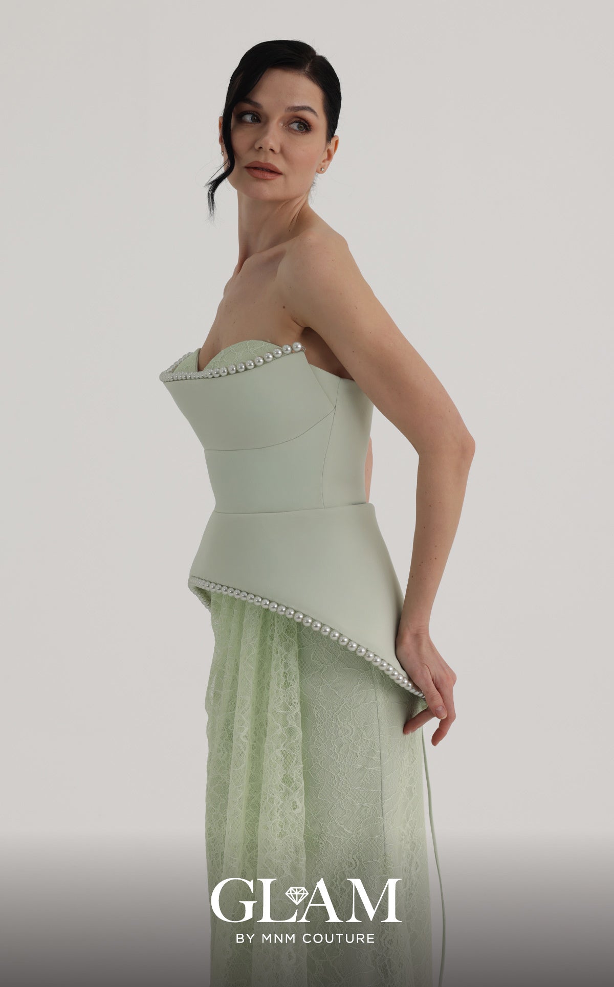 MNM Couture O07829 Mint Green Strapless Peplum Gown with Pearl Accent