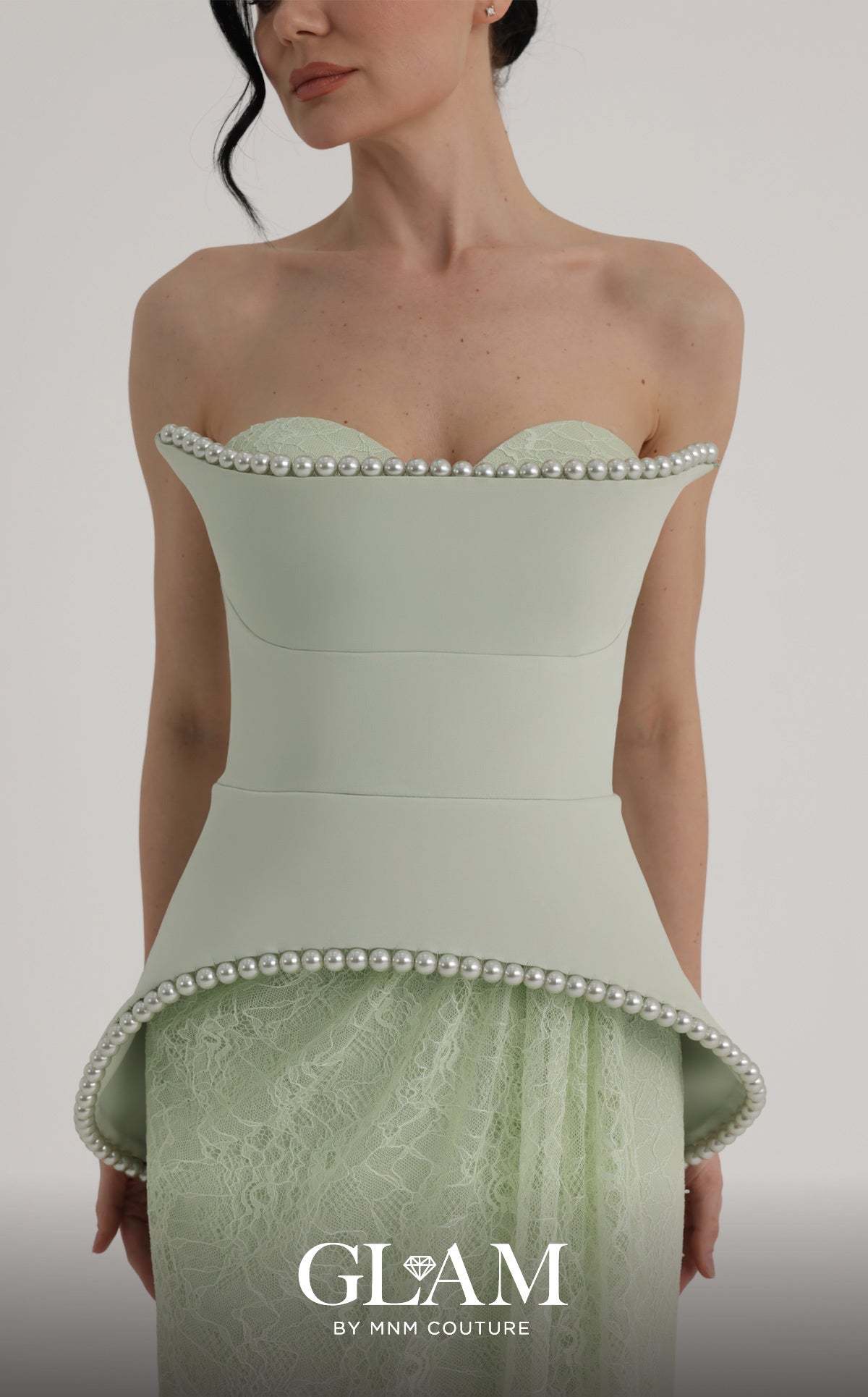 MNM Couture O07829 Mint Green Strapless Peplum Gown with Pearl Accent