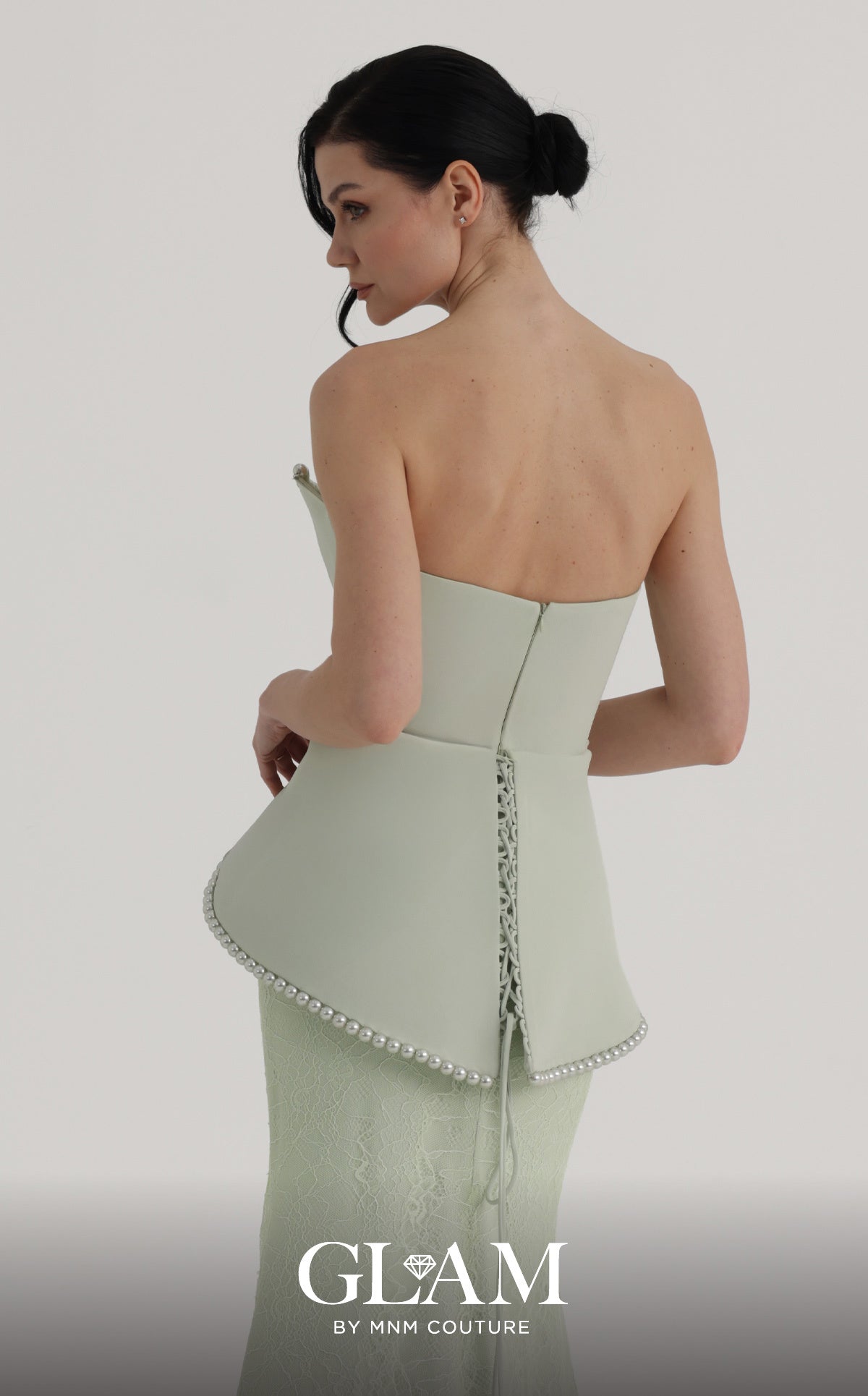 MNM Couture O07829 Mint Green Strapless Peplum Gown with Pearl Accent