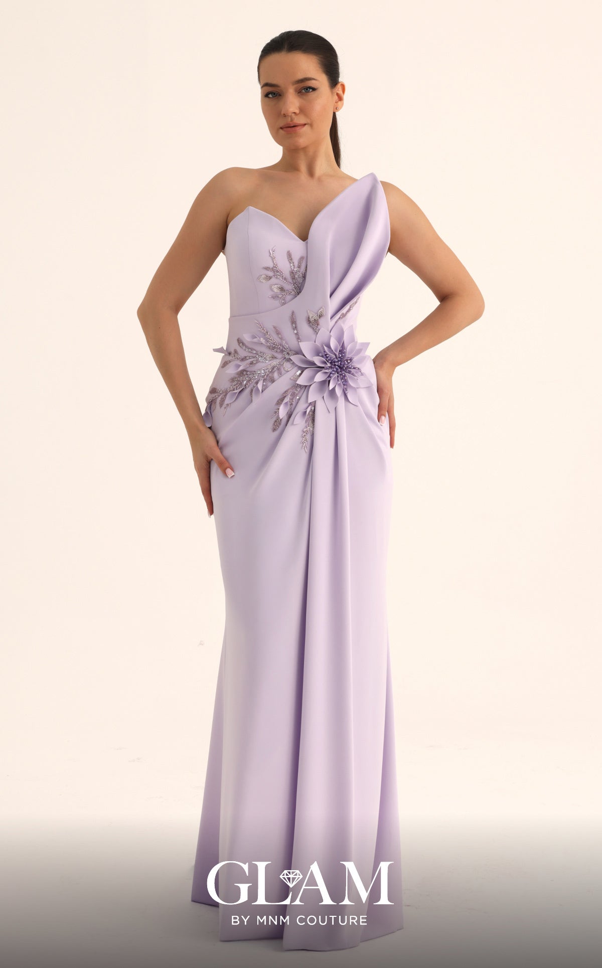 MNM Couture O07836 Purple One-Shoulder Draped Gown with 3D Flower Accent