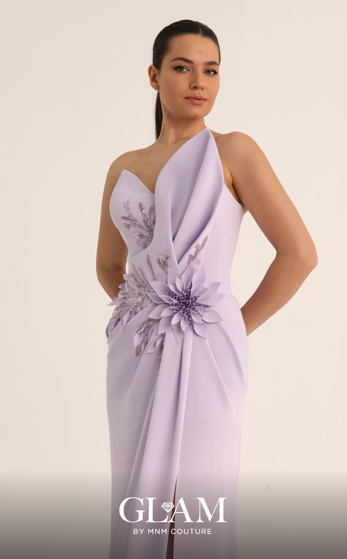 MNM Couture O07836 Purple One-Shoulder Draped Gown with 3D Flower Accent