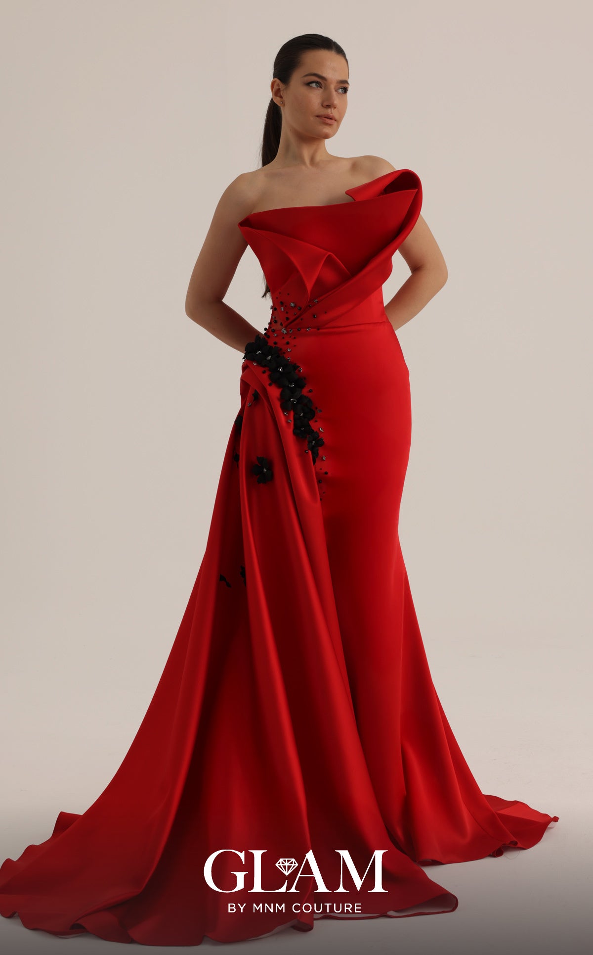 MNM Couture O07840 Red Sculptural Strapless Gown with 3D Floral Side Train