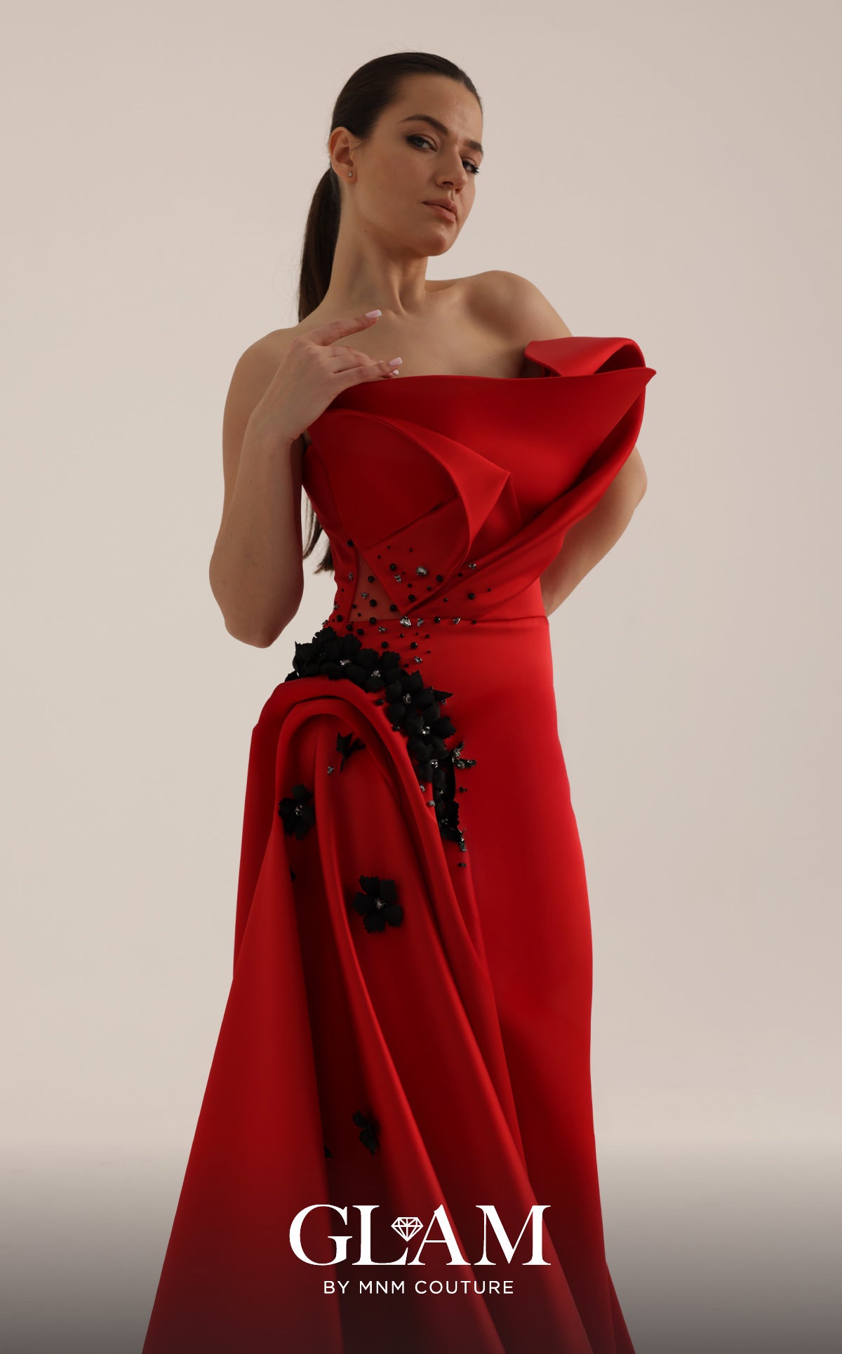 MNM Couture O07840 Red Sculptural Strapless Gown with 3D Floral Side Train