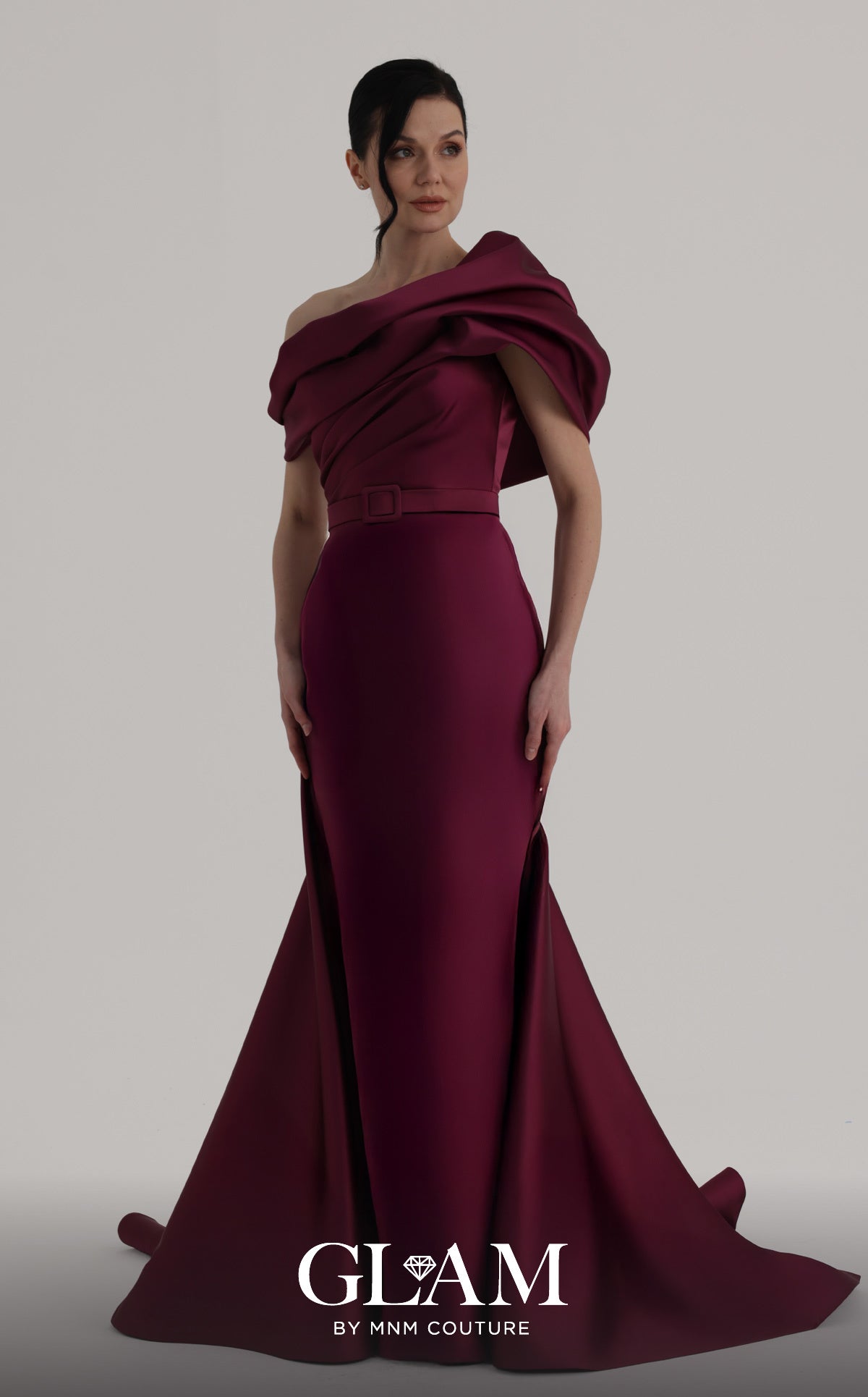 MNM Couture O07841 Dark Red One-Shoulder Sculpted Evening Gown