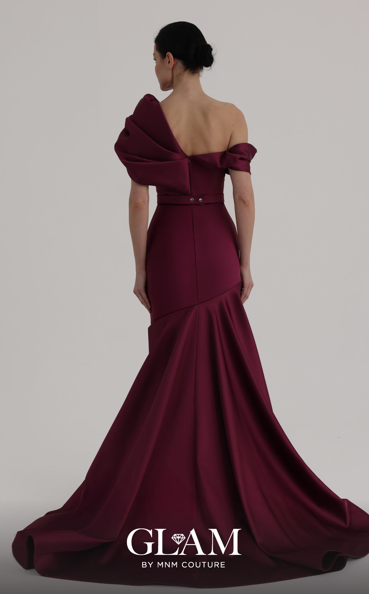 MNM Couture O07841 Dark Red One-Shoulder Sculpted Evening Gown
