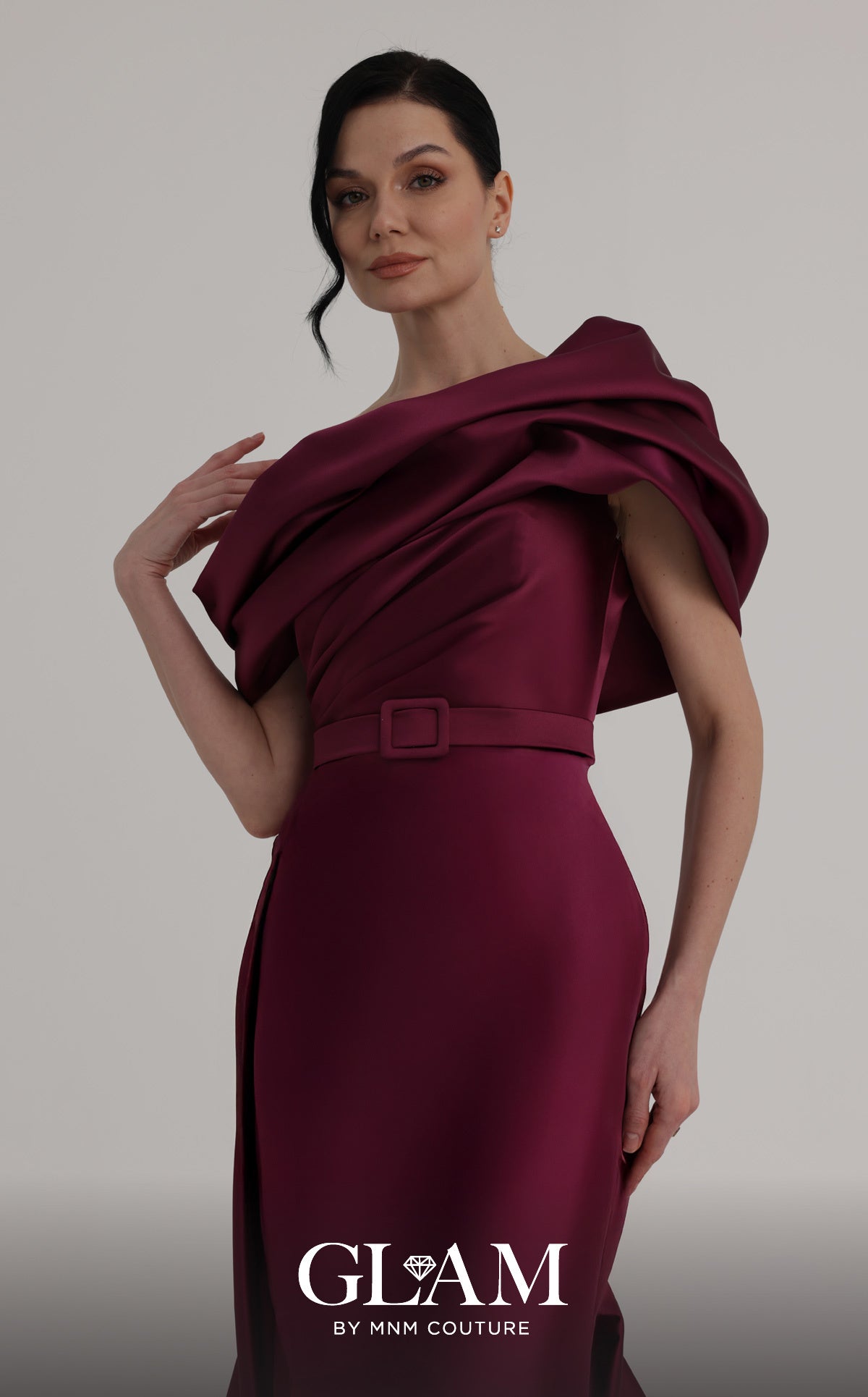 MNM Couture O07841 Dark Red One-Shoulder Sculpted Evening Gown
