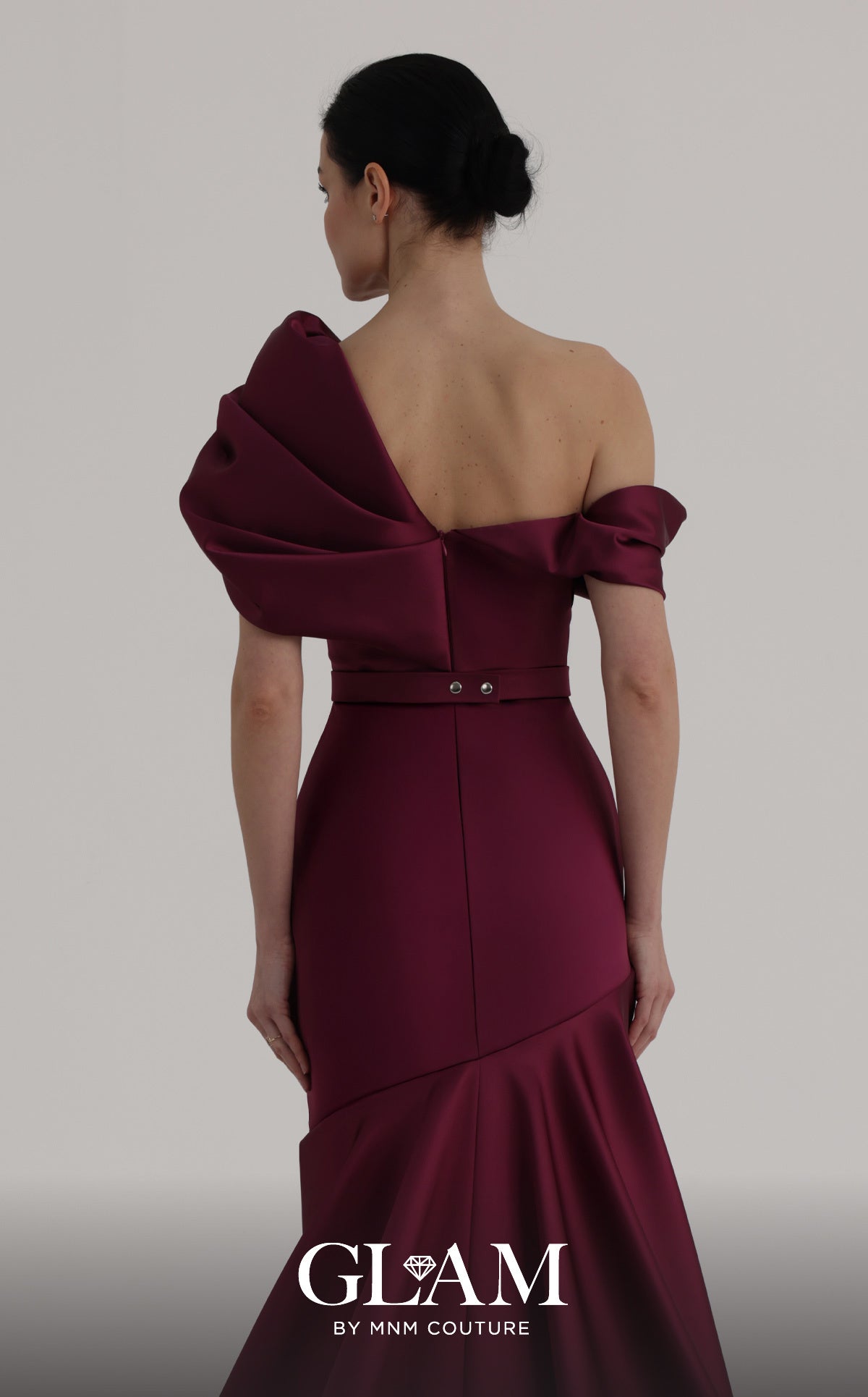 MNM Couture O07841 Dark Red One-Shoulder Sculpted Evening Gown