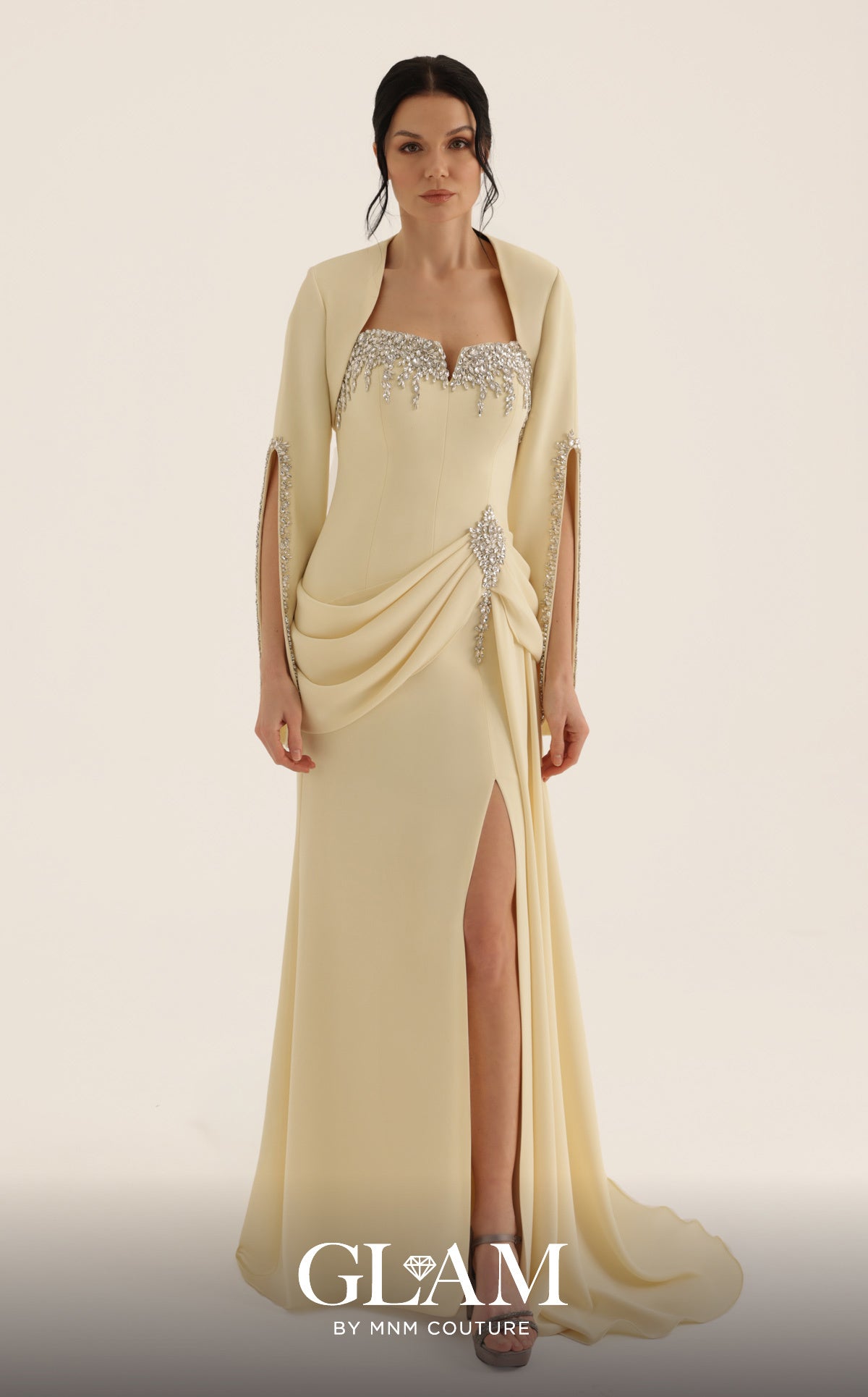 MNM Couture O07851 Yellow Embellished Sweetheart Gown with Open-Slit Sleeves