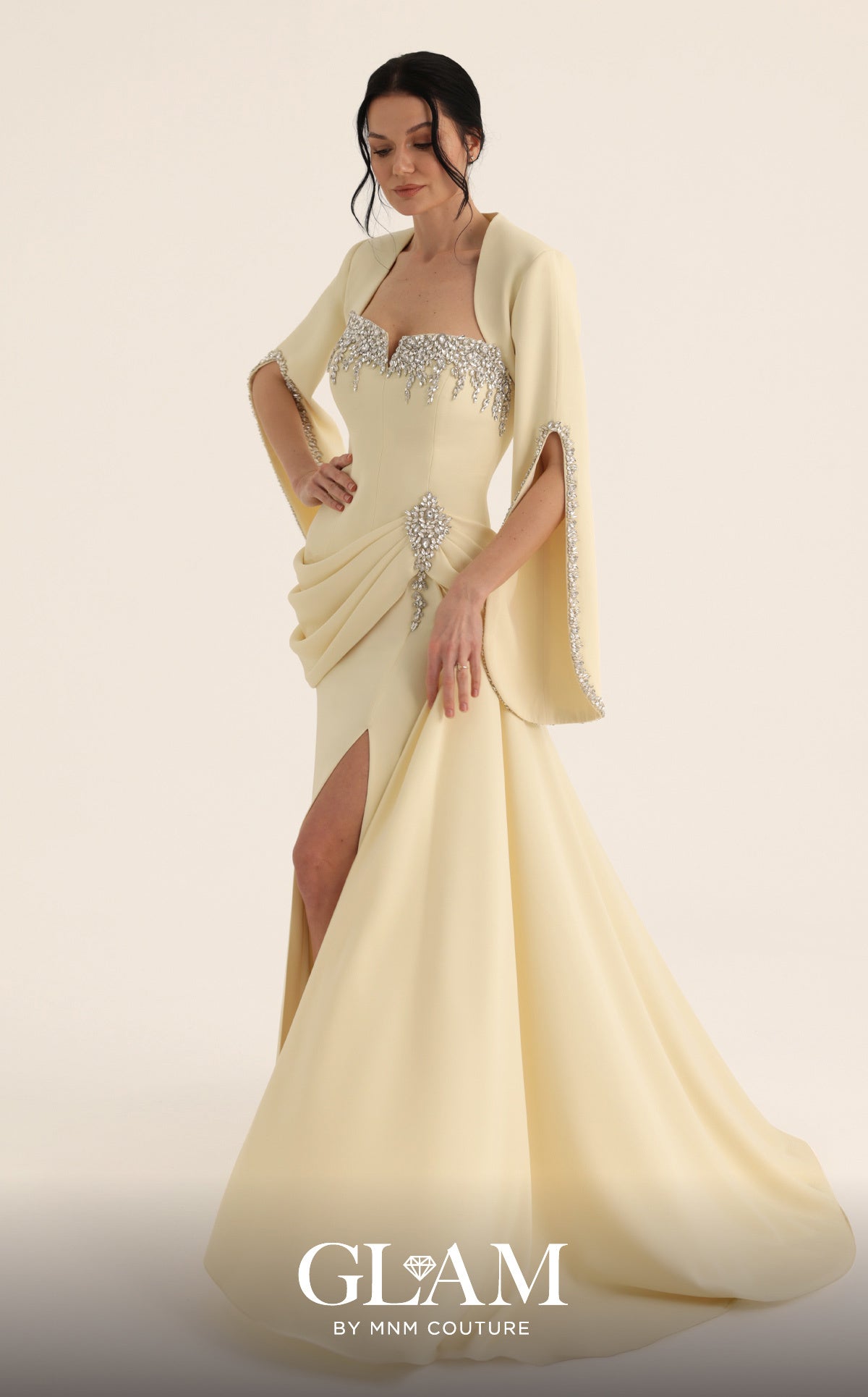 MNM Couture O07851 Yellow Embellished Sweetheart Gown with Open-Slit Sleeves