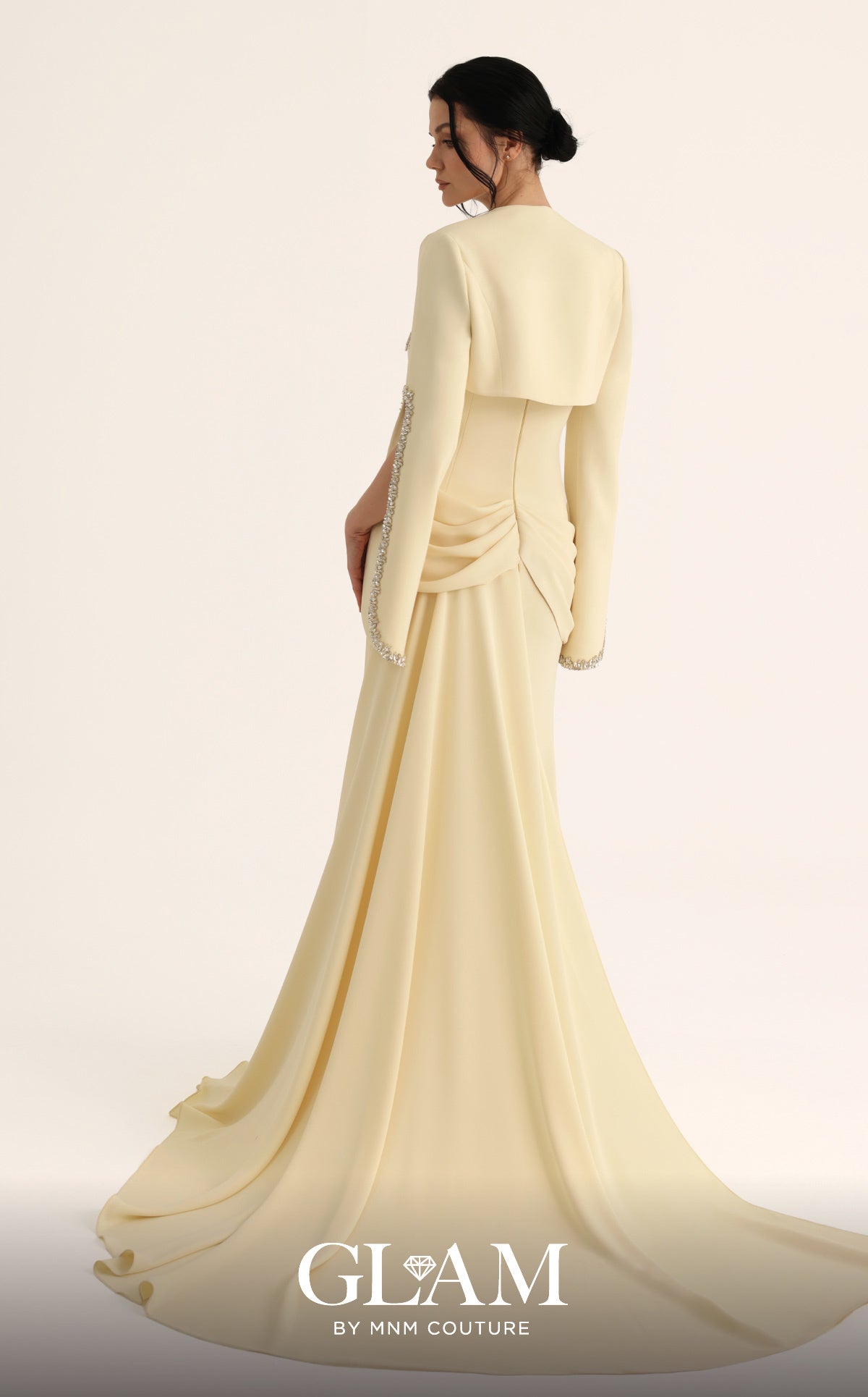 MNM Couture O07851 Yellow Embellished Sweetheart Gown with Open-Slit Sleeves