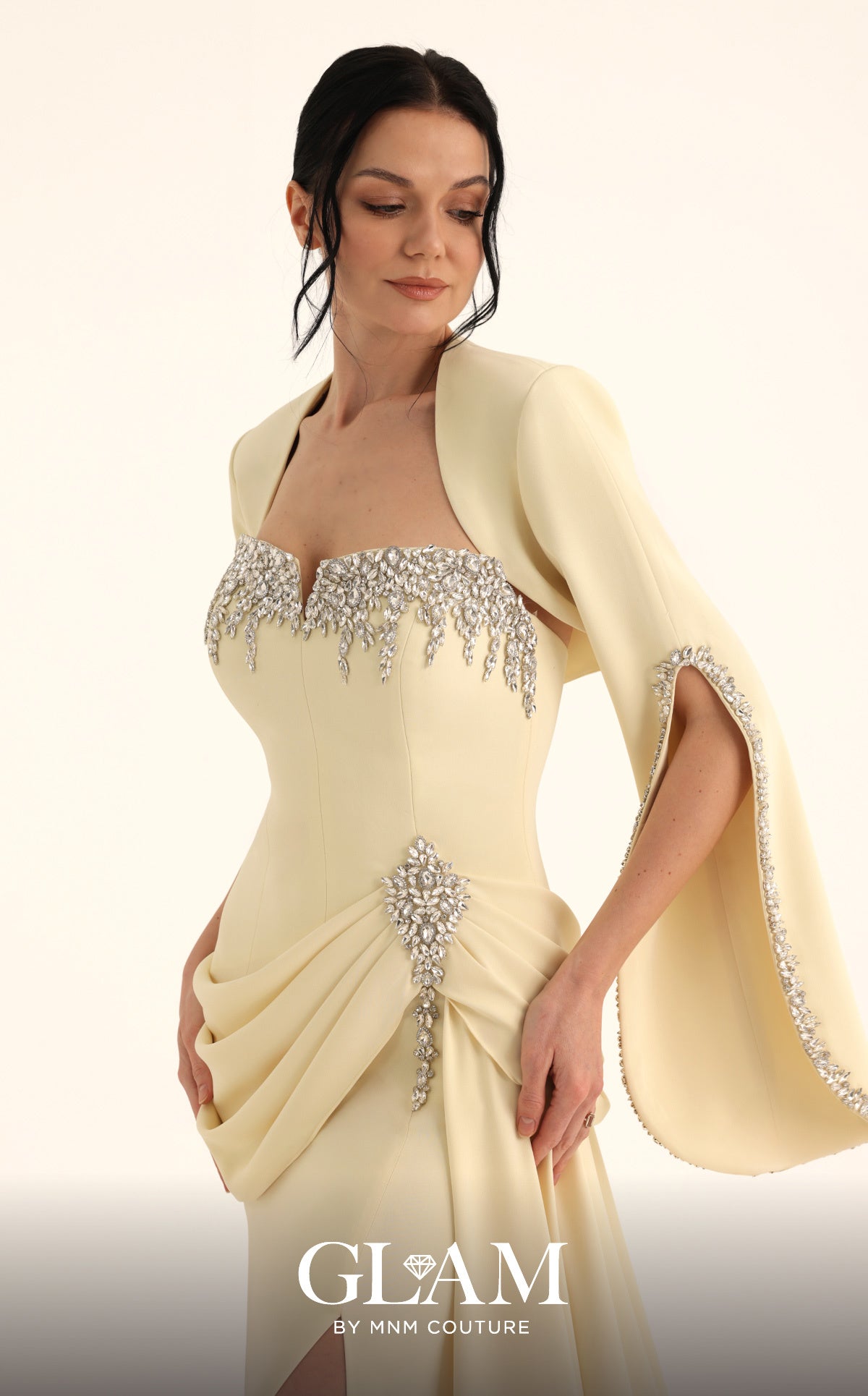 MNM Couture O07851 Yellow Embellished Sweetheart Gown with Open-Slit Sleeves