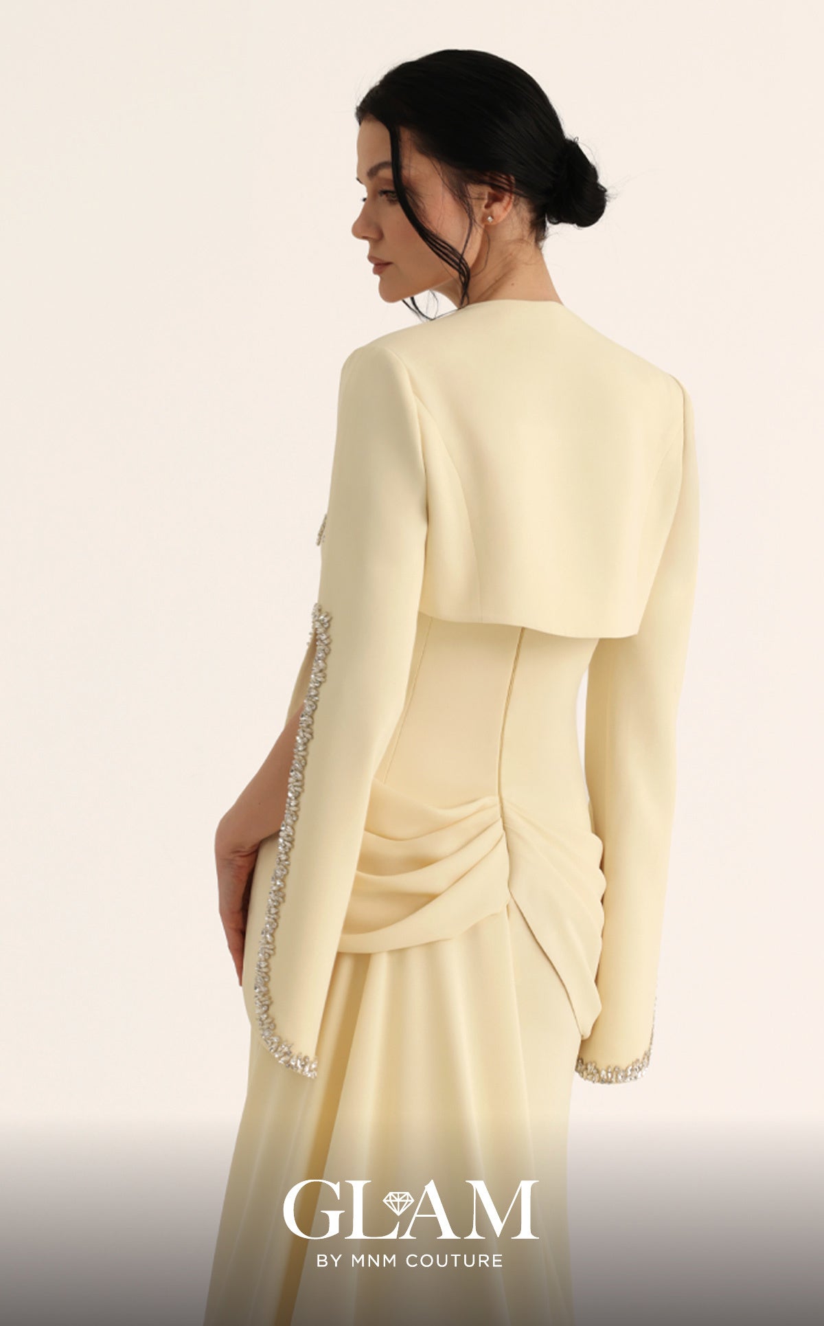 MNM Couture O07851 Yellow Embellished Sweetheart Gown with Open-Slit Sleeves