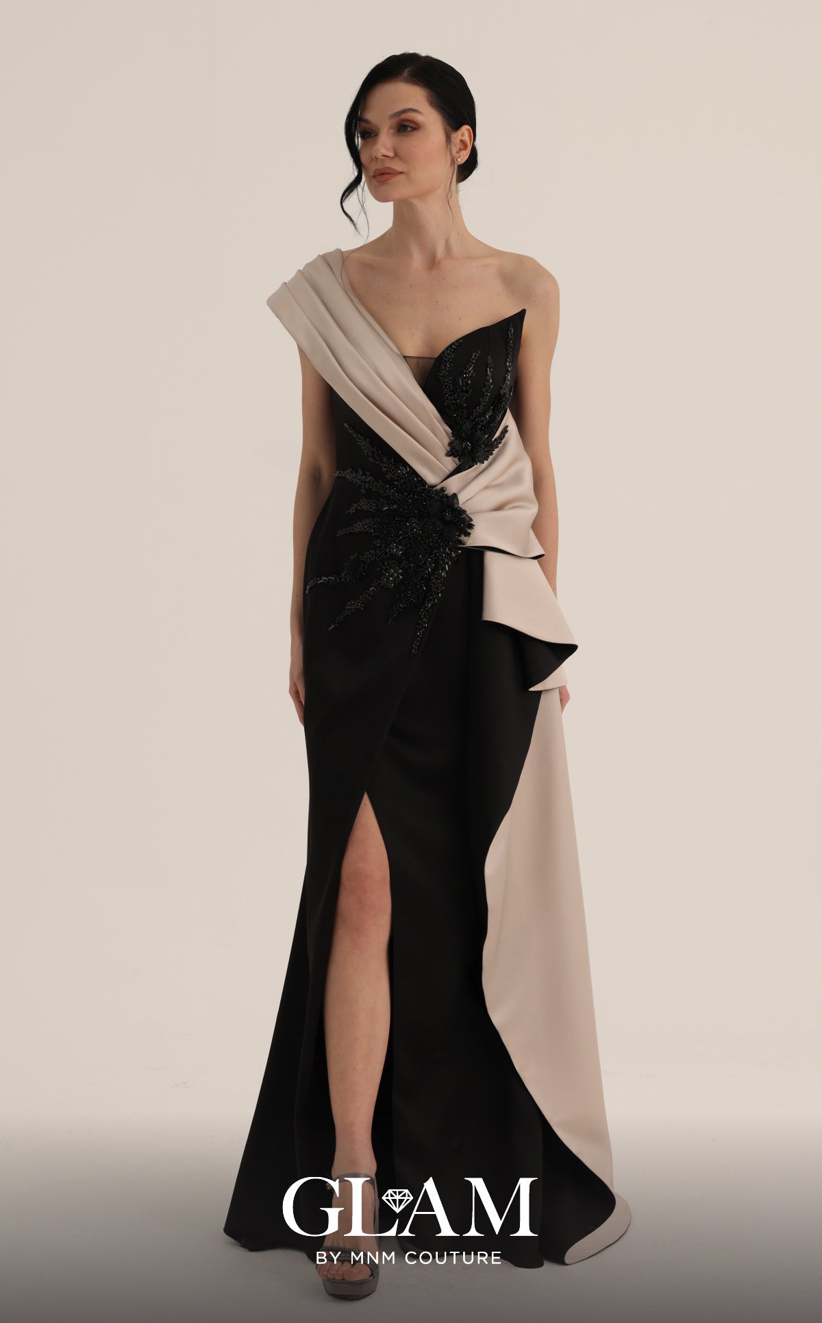 MNM Couture O07853 Black Asymmetrical Draped High-Slit Evening Gown