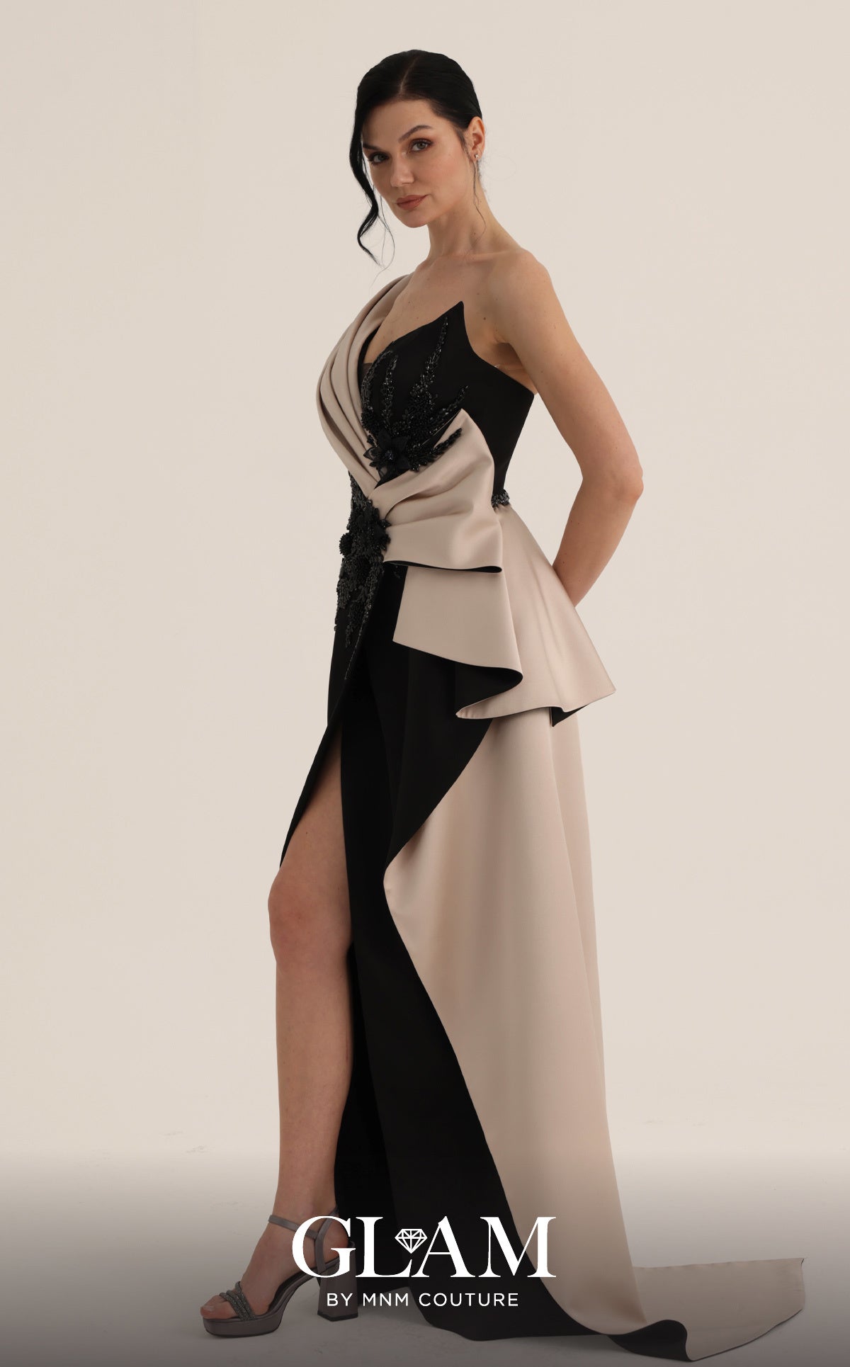 MNM Couture O07853 Black Asymmetrical Draped High-Slit Evening Gown