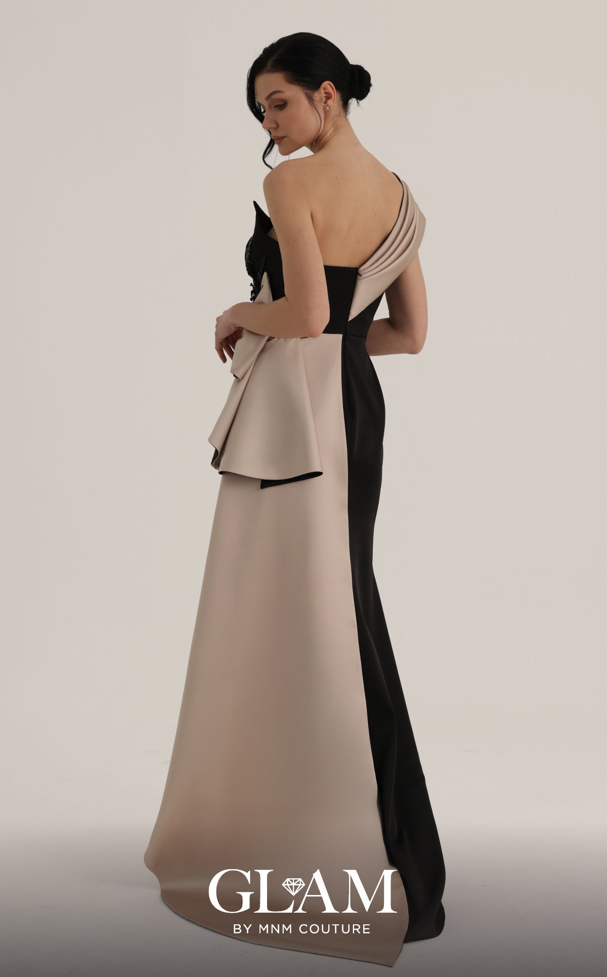 MNM Couture O07853 Black Asymmetrical Draped High-Slit Evening Gown