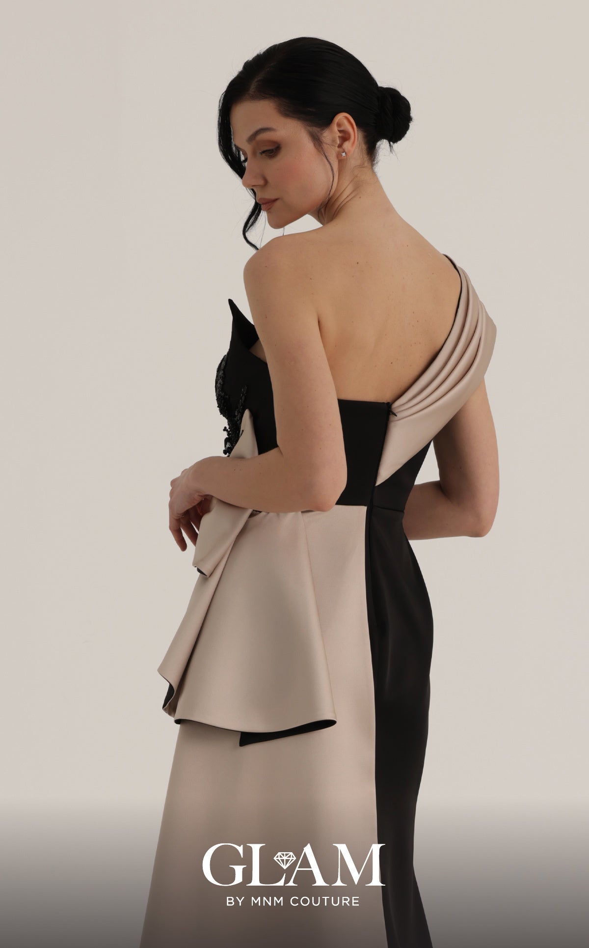 MNM Couture O07853 Black Asymmetrical Draped High-Slit Evening Gown