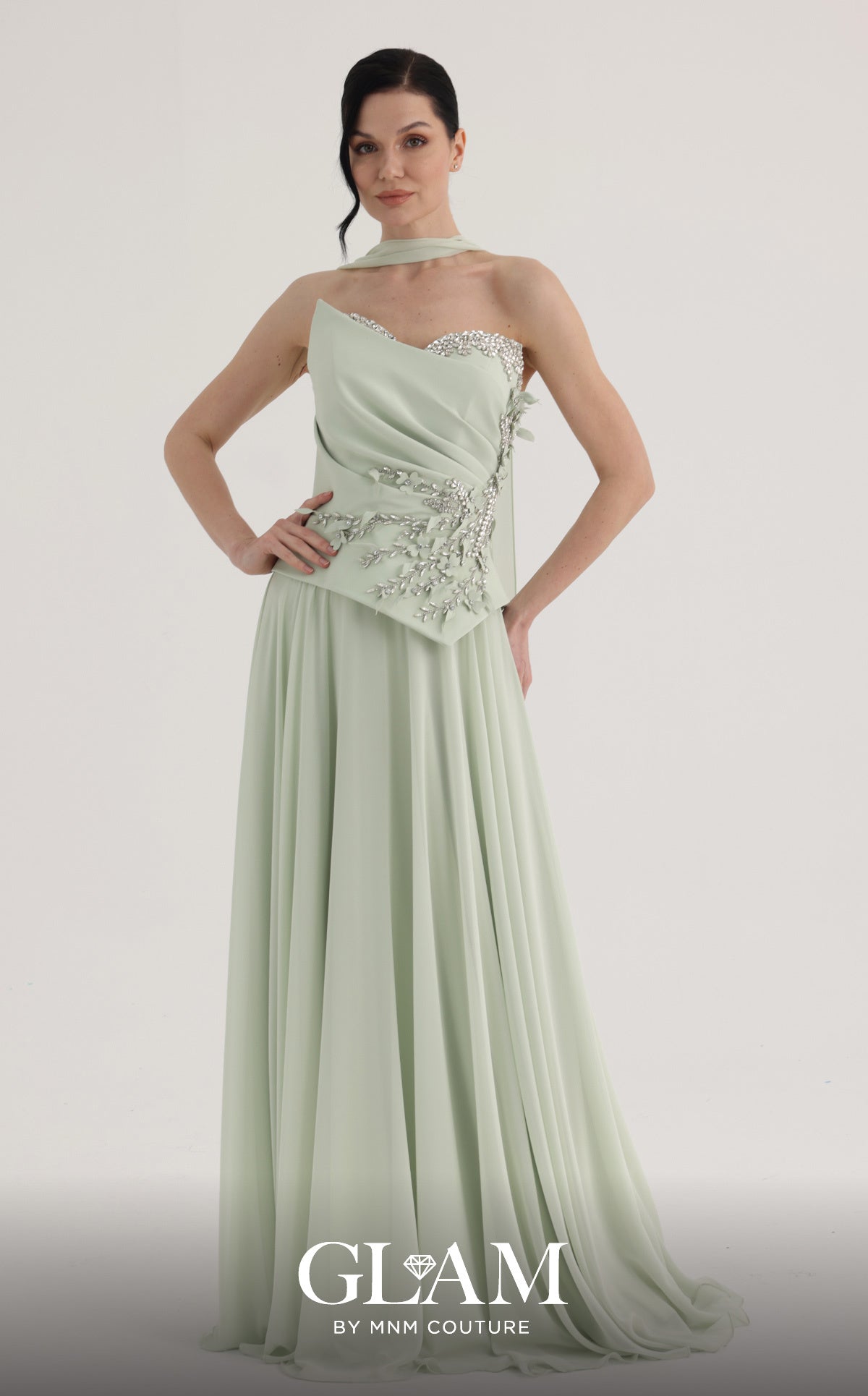 MNM Couture O07856 Green Embellished Strapless Sheer Choker-style Neckline A-line Gown