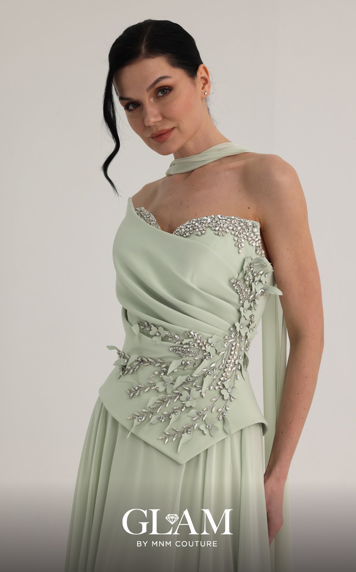 MNM Couture O07856 Green Embellished Strapless Sheer Choker-style Neckline A-line Gown