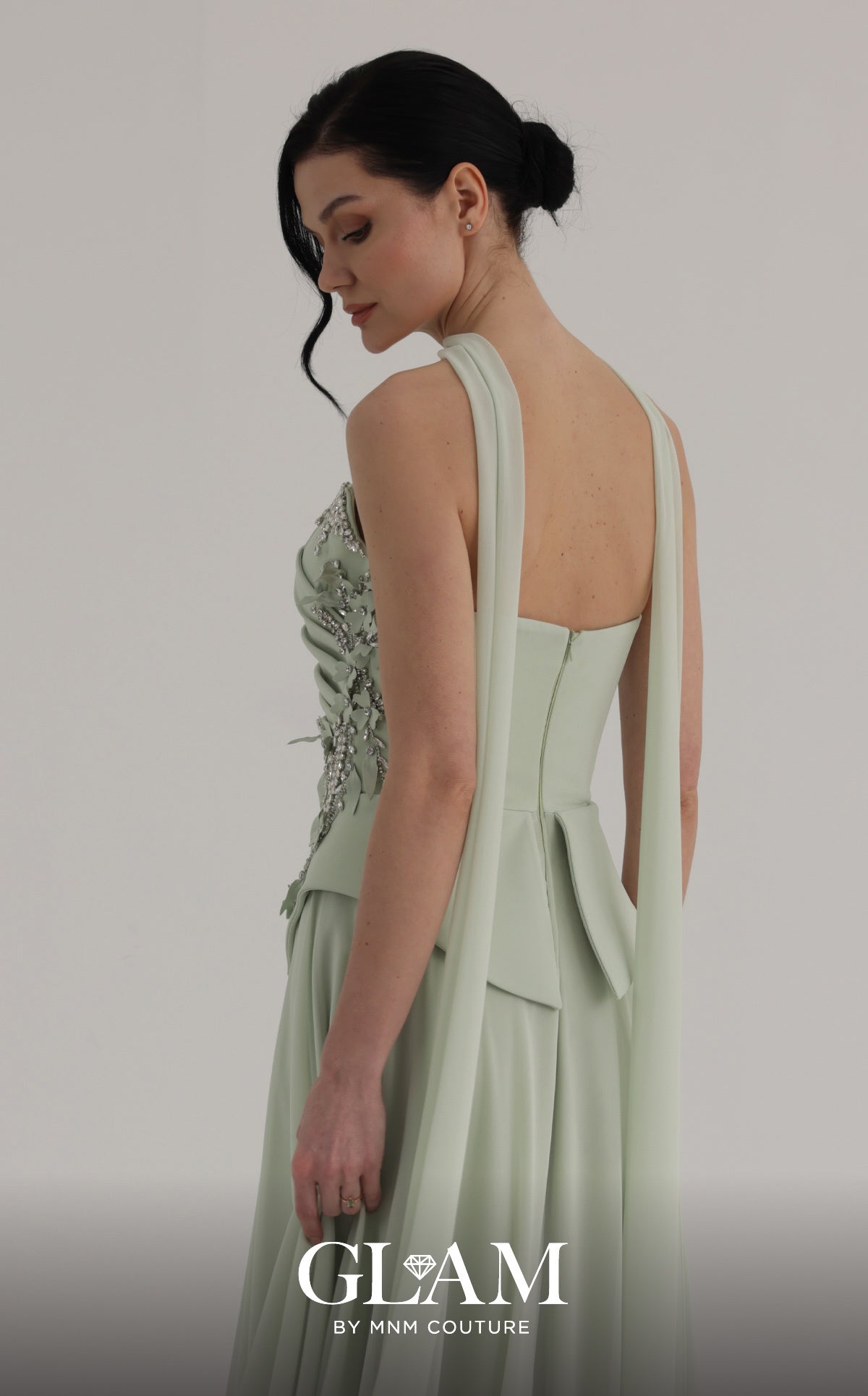 MNM Couture O07856 Green Embellished Strapless Sheer Choker-style Neckline A-line Gown
