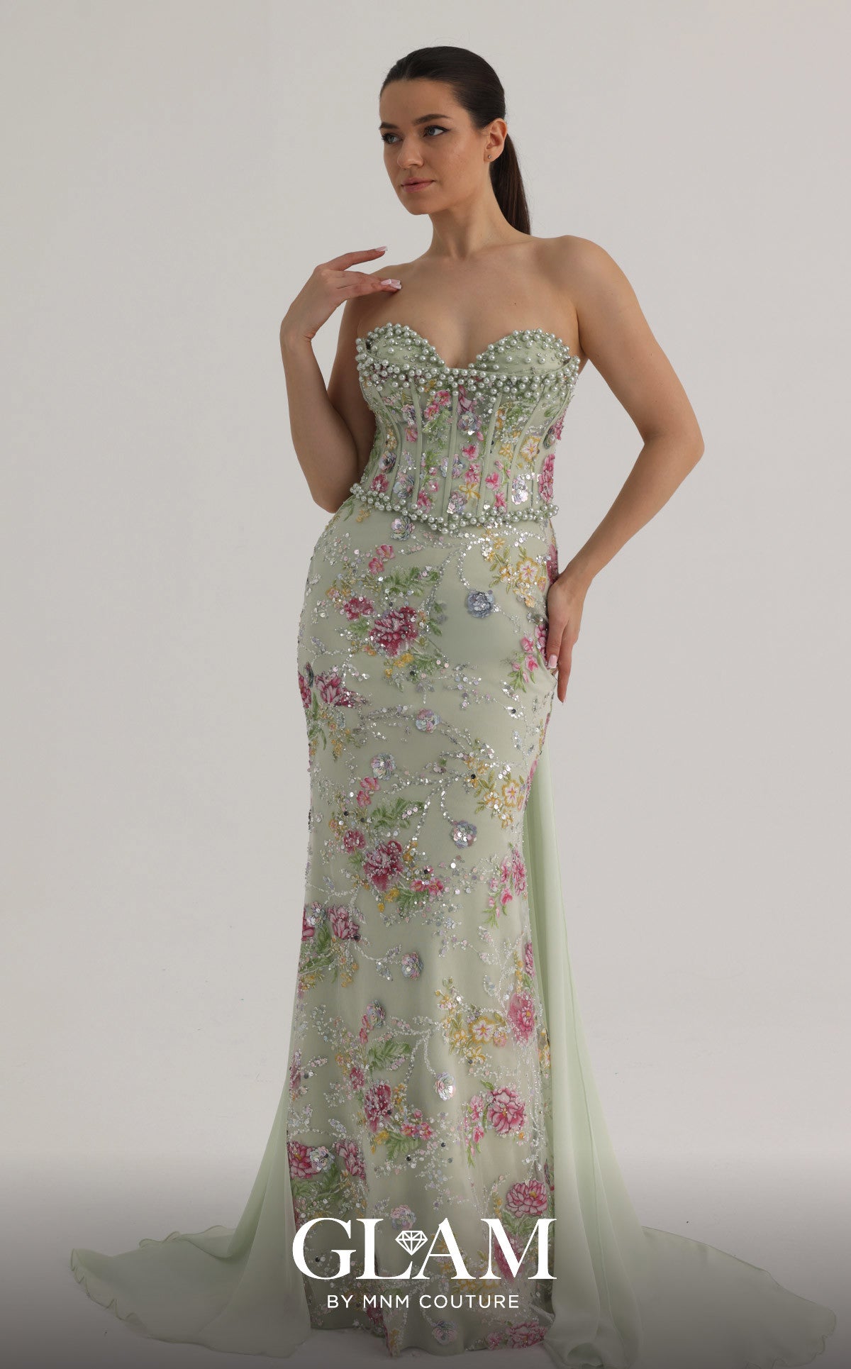 MNM Couture O07858 Green Strapless Pearl-Trimmed Floral Corset Gown