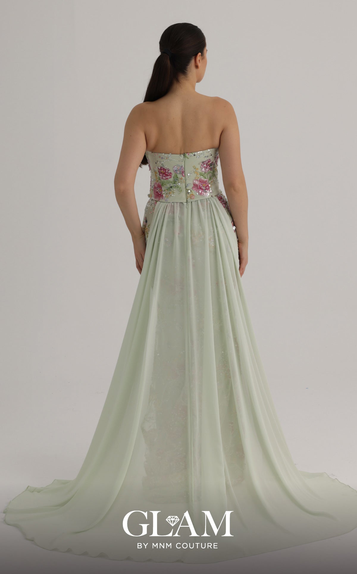 MNM Couture O07858 Green Strapless Pearl-Trimmed Floral Corset Gown