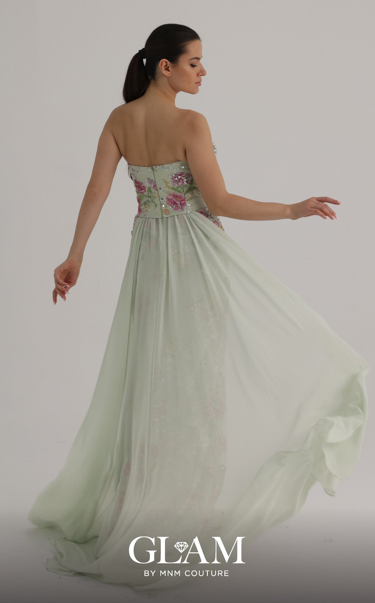 MNM Couture O07858 Green Strapless Pearl-Trimmed Floral Corset Gown