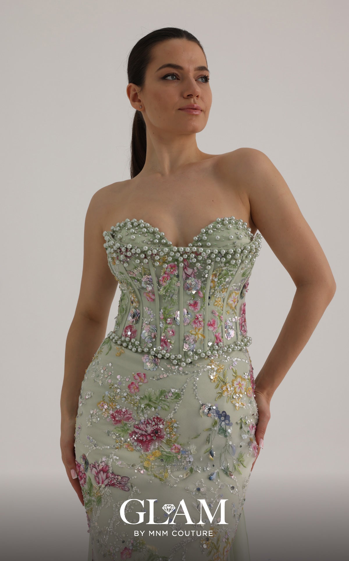 MNM Couture O07858 Green Strapless Pearl-Trimmed Floral Corset Gown