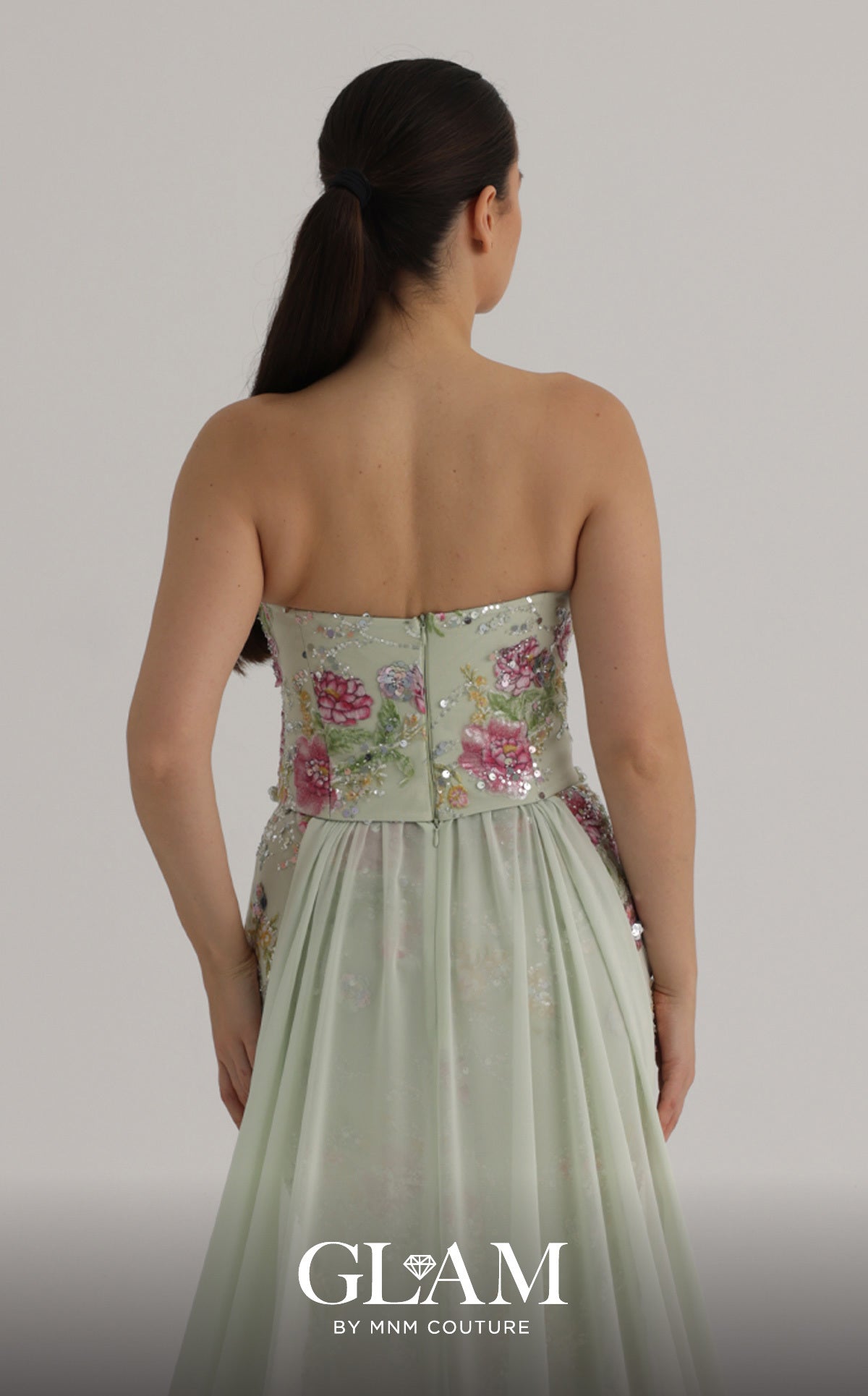 MNM Couture O07858 Green Strapless Pearl-Trimmed Floral Corset Gown