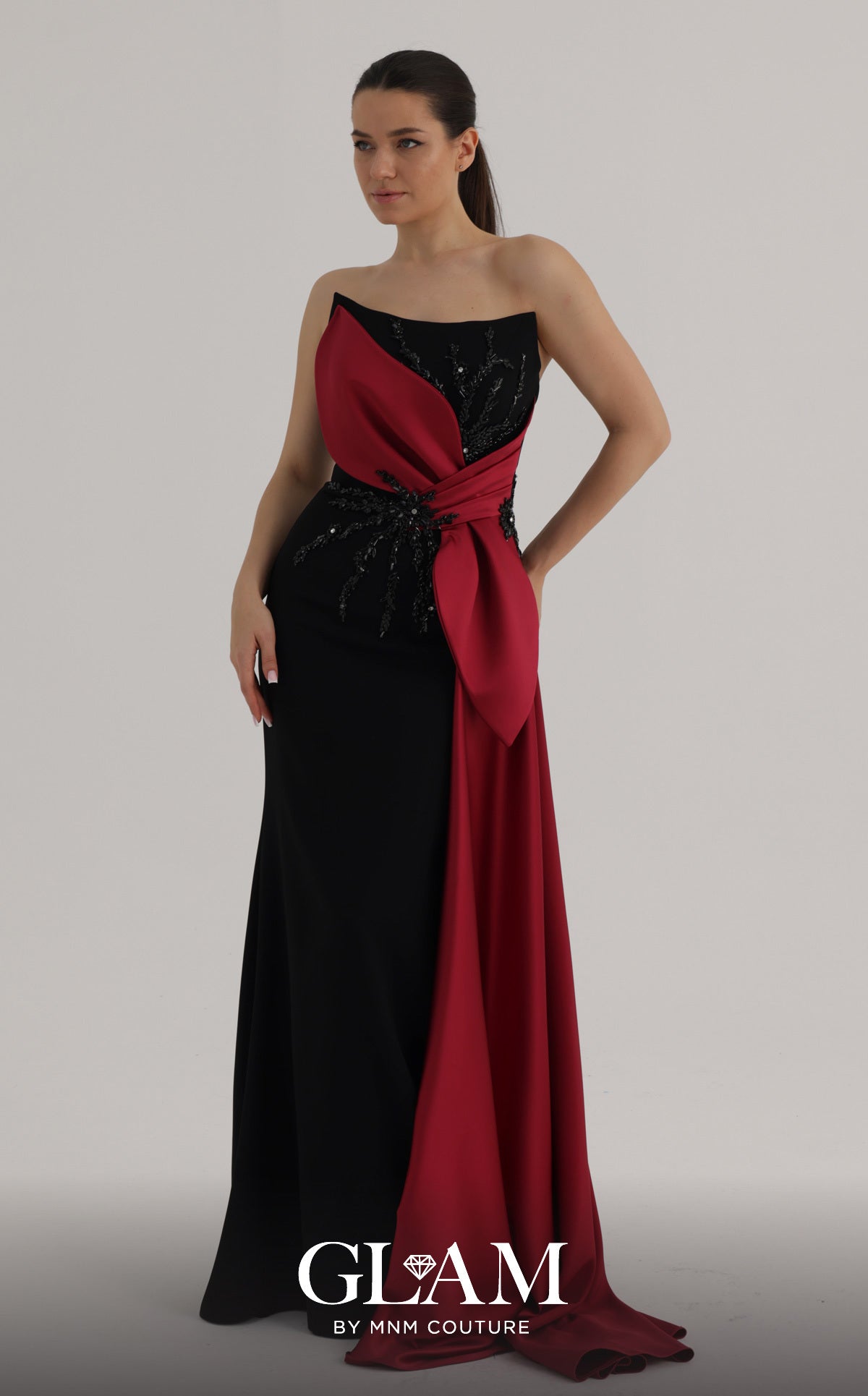 MNM Couture O07861 Black Red Strapless Asymmetrical Bow Gown with Tonal Sequin Bodice