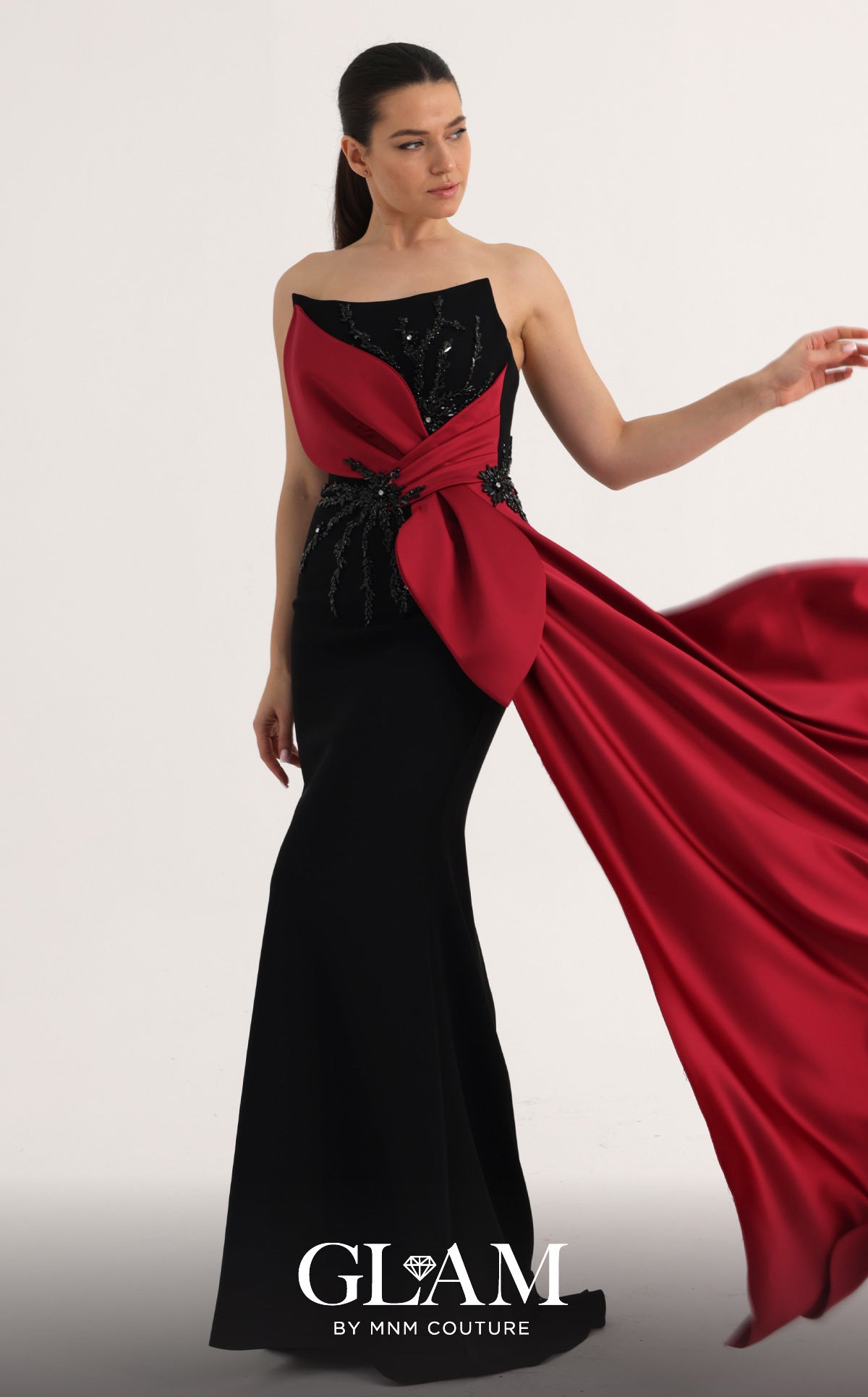 MNM Couture O07861 Black Red Strapless Asymmetrical Bow Gown with Tonal Sequin Bodice