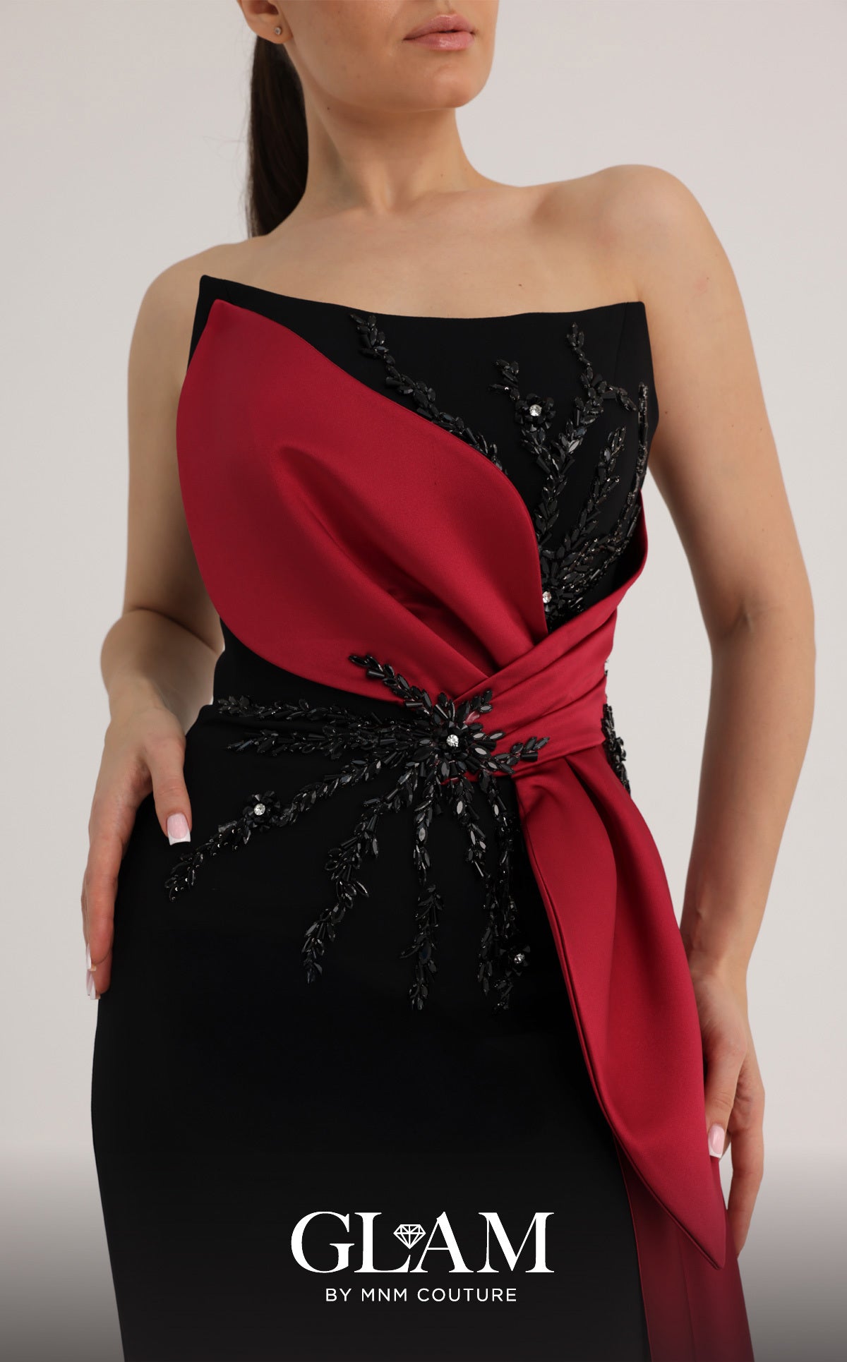 MNM Couture O07861 Black Red Strapless Asymmetrical Bow Gown with Tonal Sequin Bodice