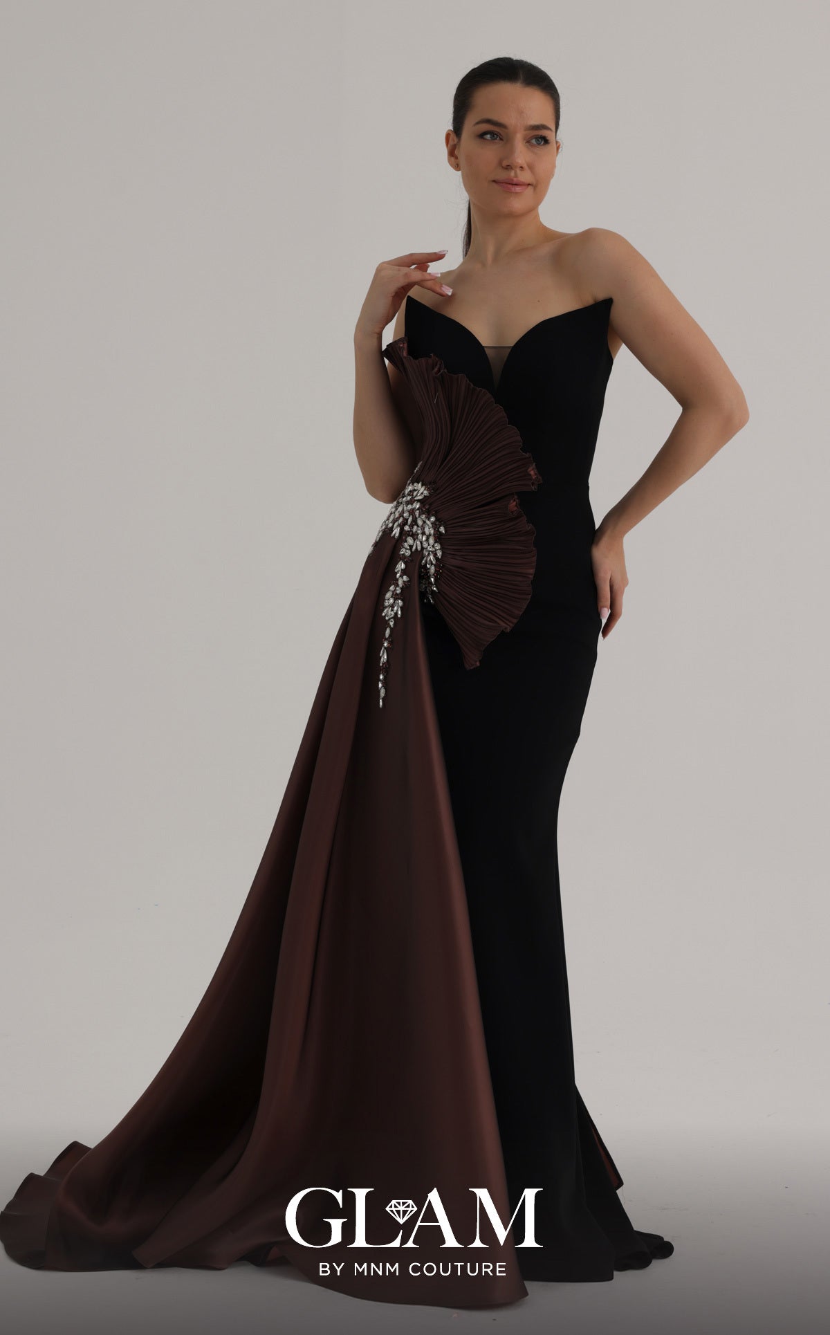 MNM Couture O07862 Brown Strapless Plisse Fan Gown with Side Train