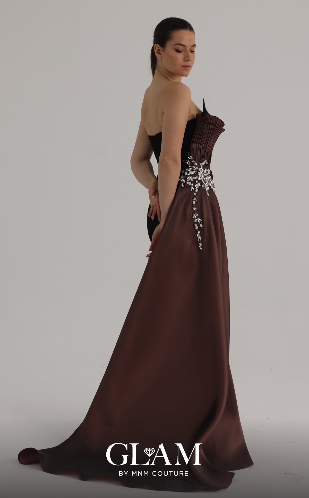MNM Couture O07862 Brown Strapless Plisse Fan Gown with Side Train