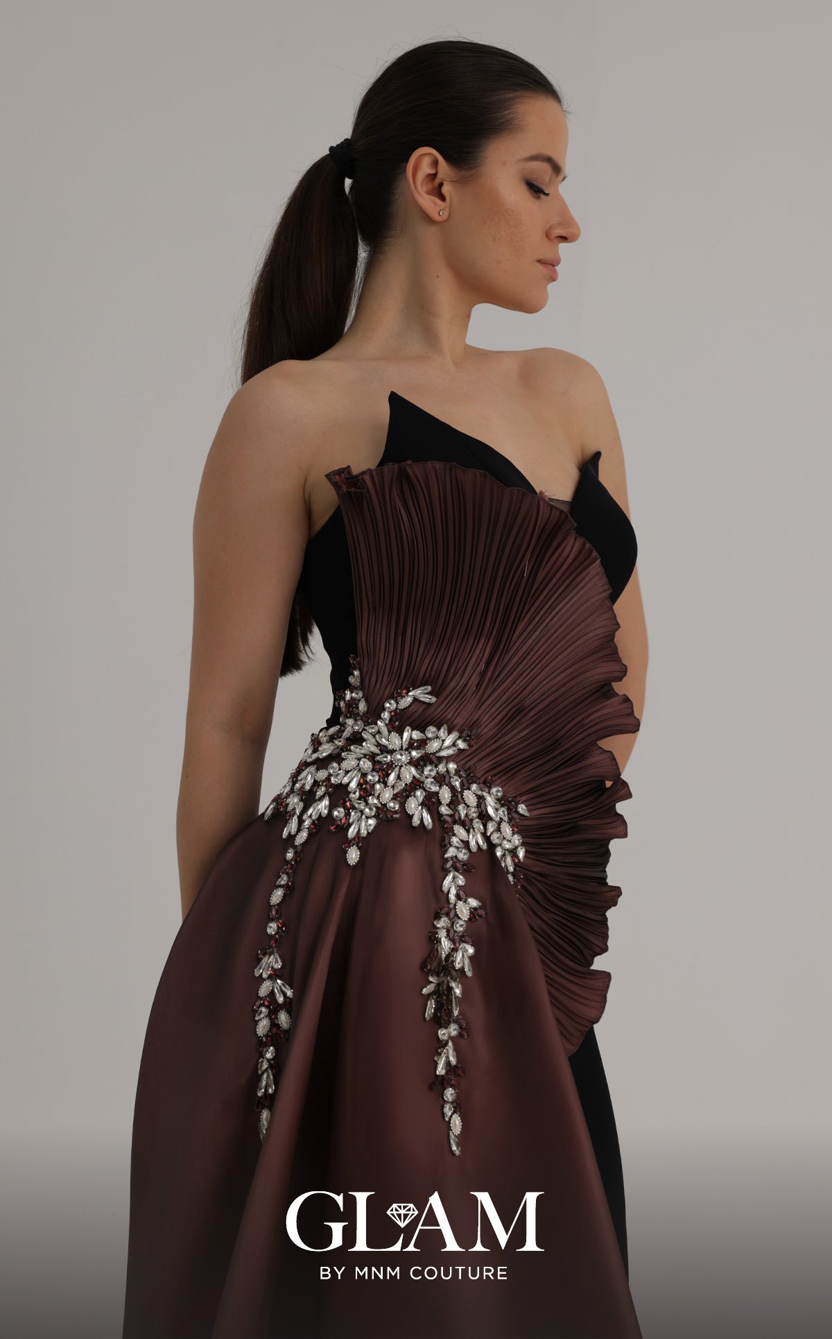 MNM Couture O07862 Brown Strapless Plisse Fan Gown with Side Train