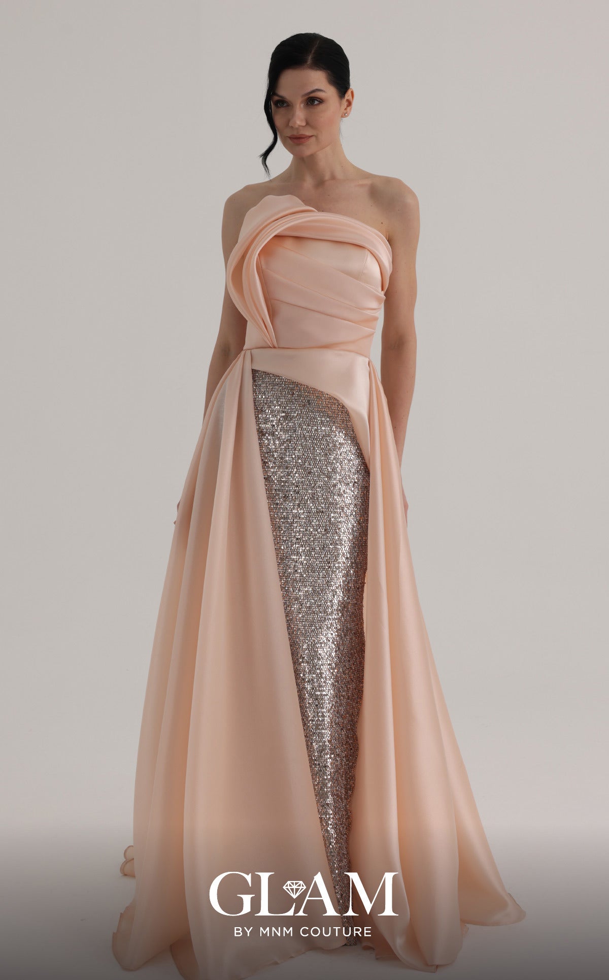 MNM Couture O07863 Pink Sculptural Strapless Gown with Sequin Inner Skirt