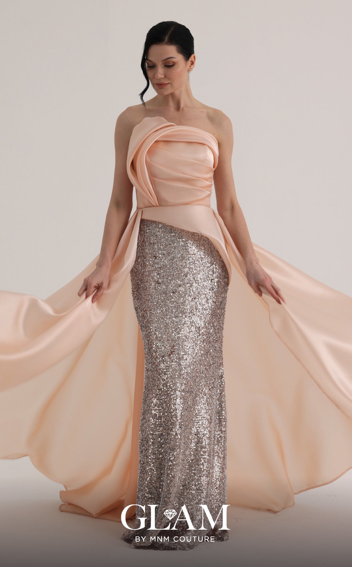 MNM Couture O07863 Pink Sculptural Strapless Gown with Sequin Inner Skirt
