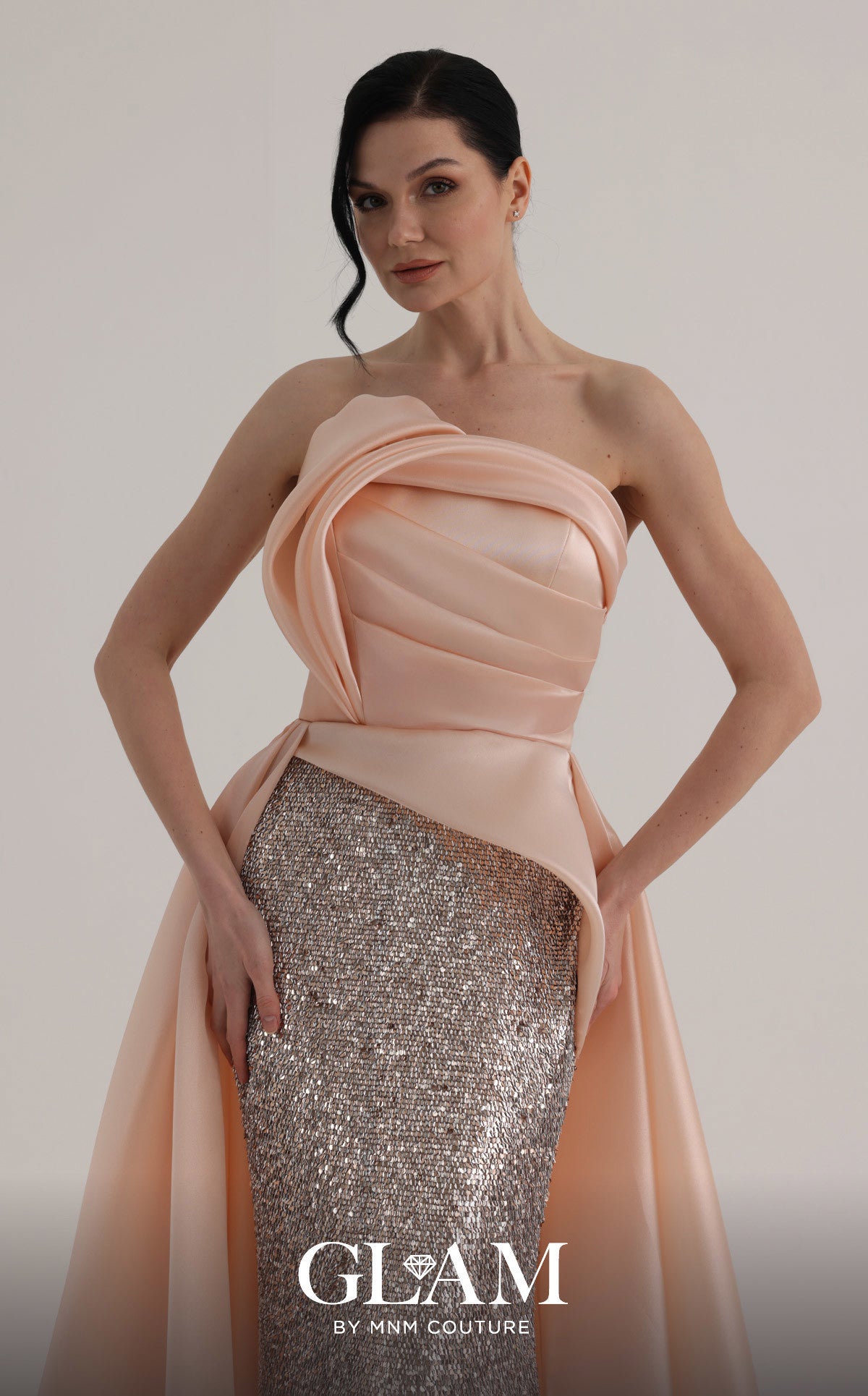 MNM Couture O07863 Pink Sculptural Strapless Gown with Sequin Inner Skirt