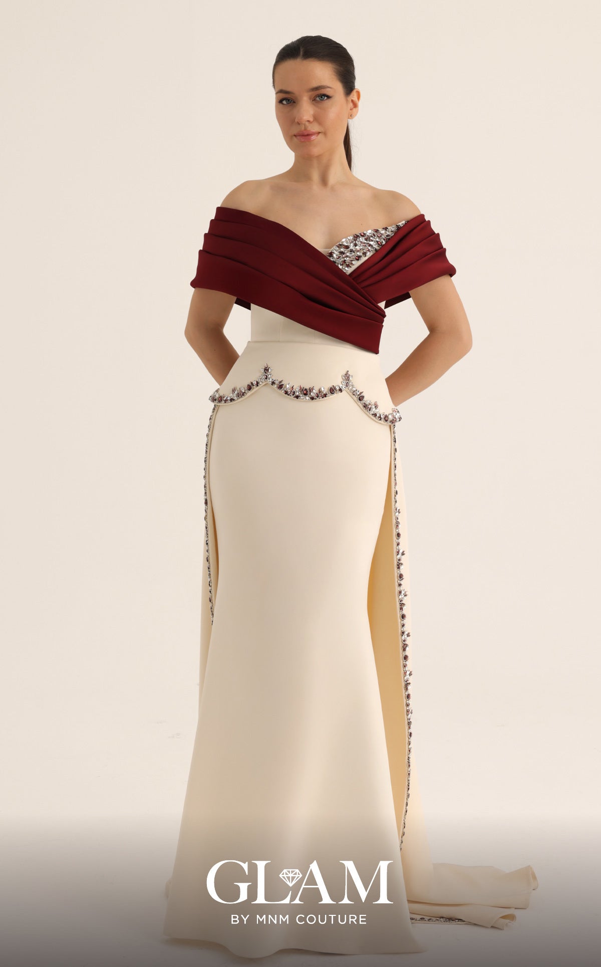 MNM Couture O07865 White Off-the-Shoulder Two-Tone Gown with Split Over-Skirt